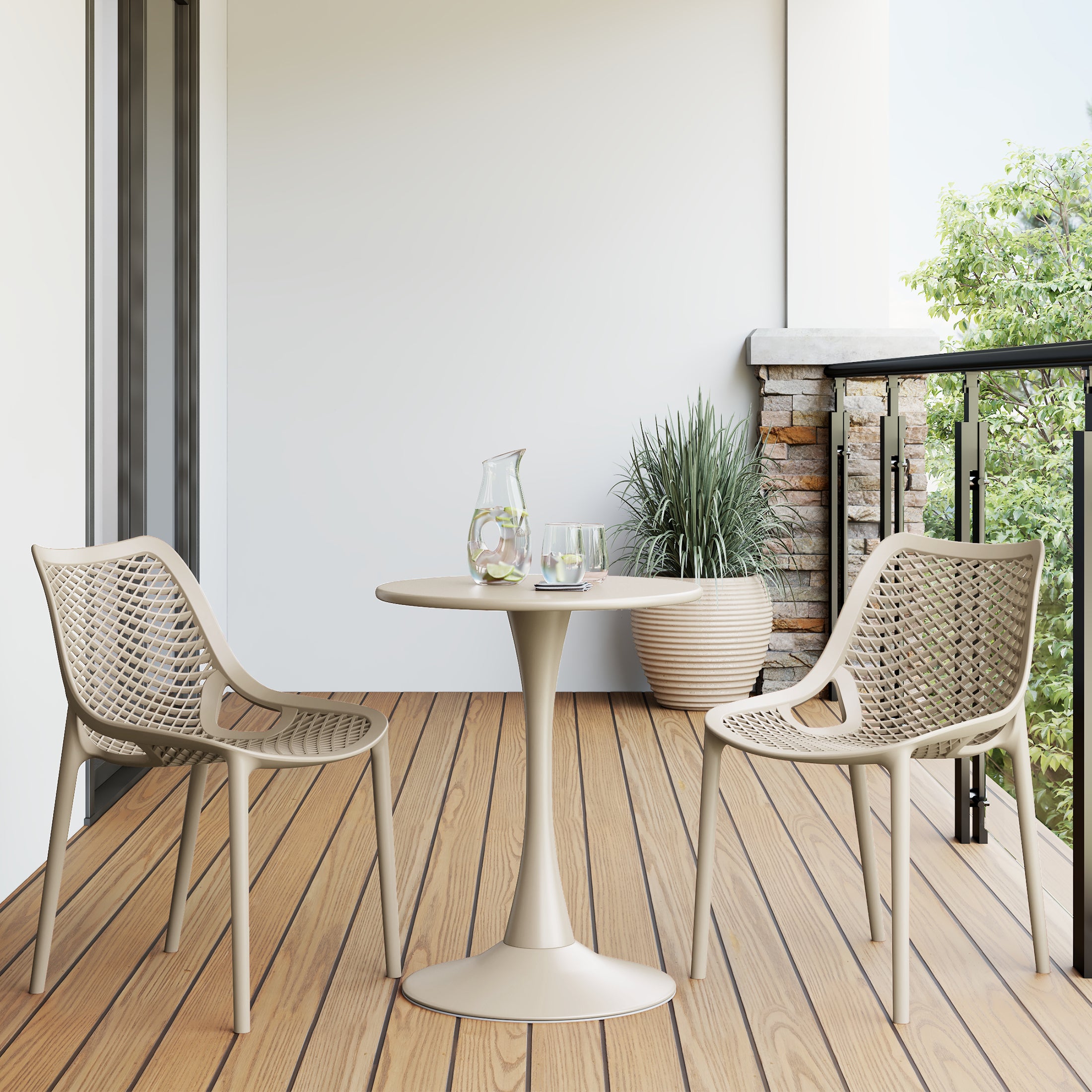Sunshine 3-Piece Outdoor Round Metal Dining Table Set And Stackable Resin Patio Dining Side Chairs