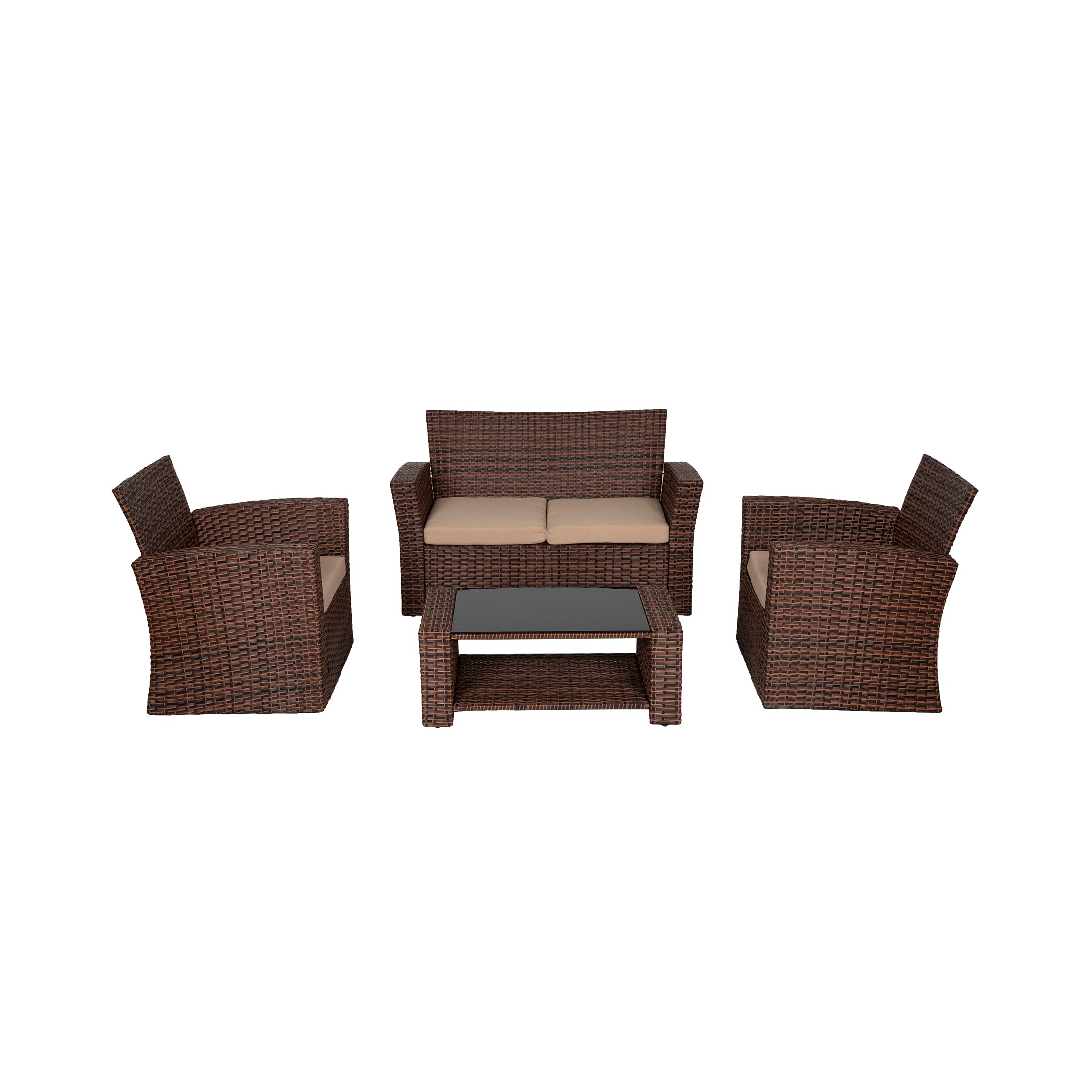 Wynston 4-Piece set Brown color base Outdoor / Patio Wicker Rattan Conversation Sofa set with cushions and a Coffee table ( 4 seater )