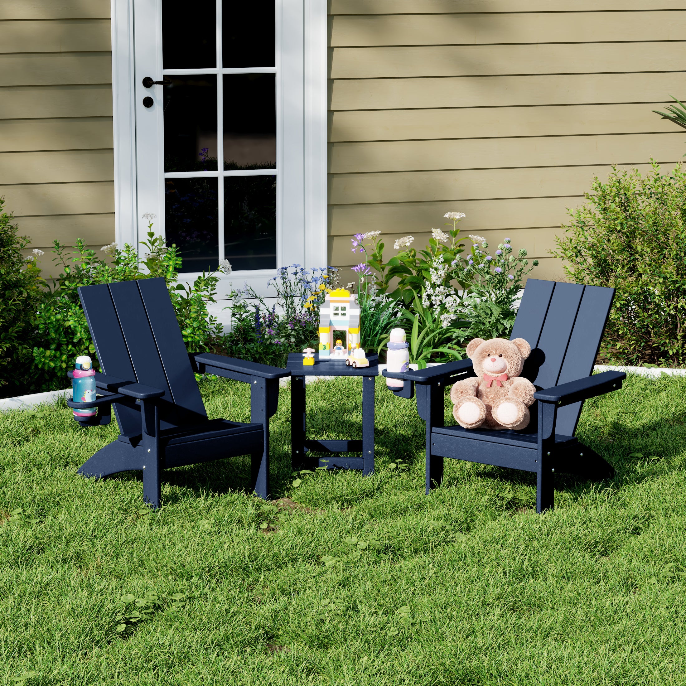 Palms 3-Piece Kids HDPE Modern Adirondack Chairs Set with Square Side Table and Cup Holders