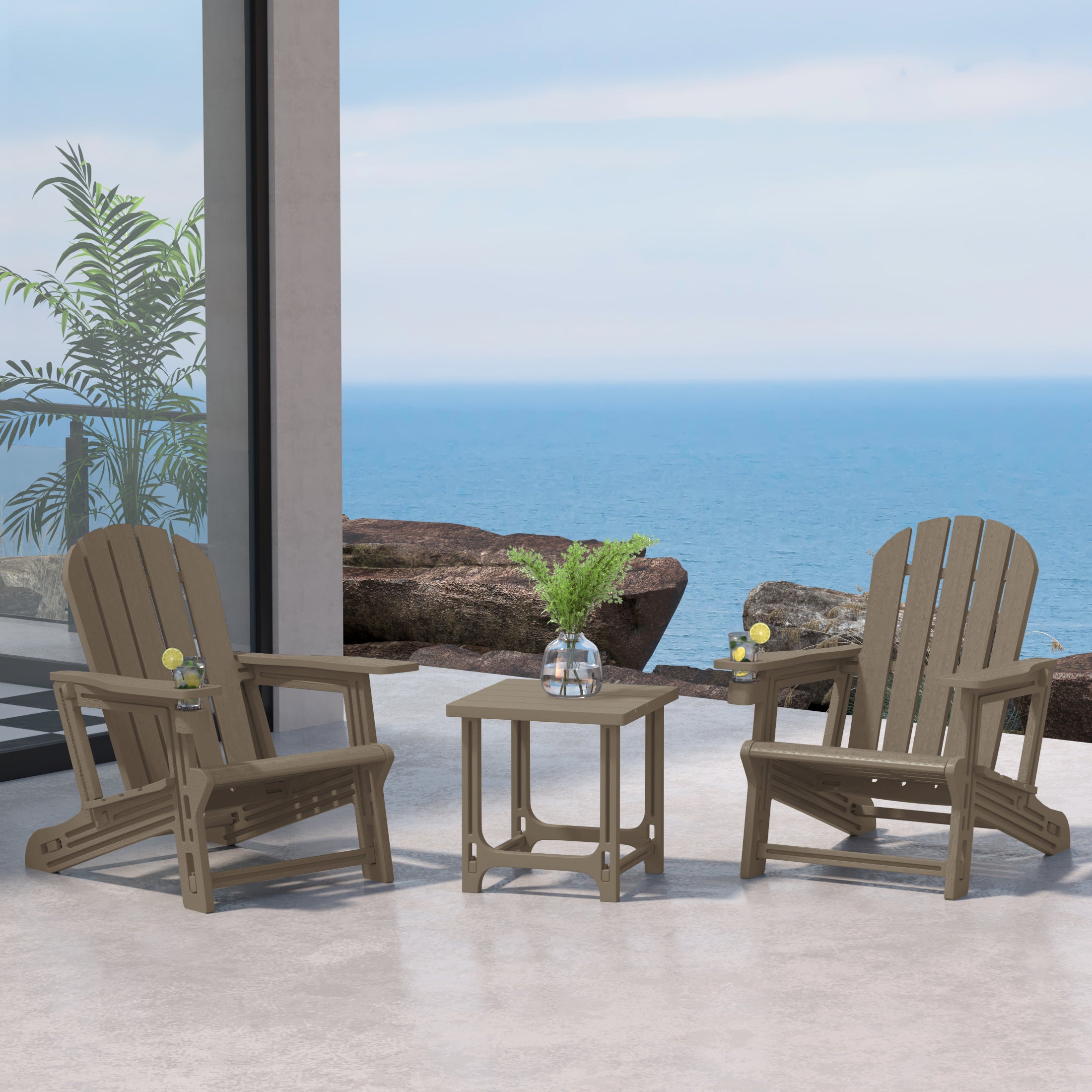 Cayman 3-Piece HDPE Plastic Adirondack Patio Chairs With 18" Square Side Table Set