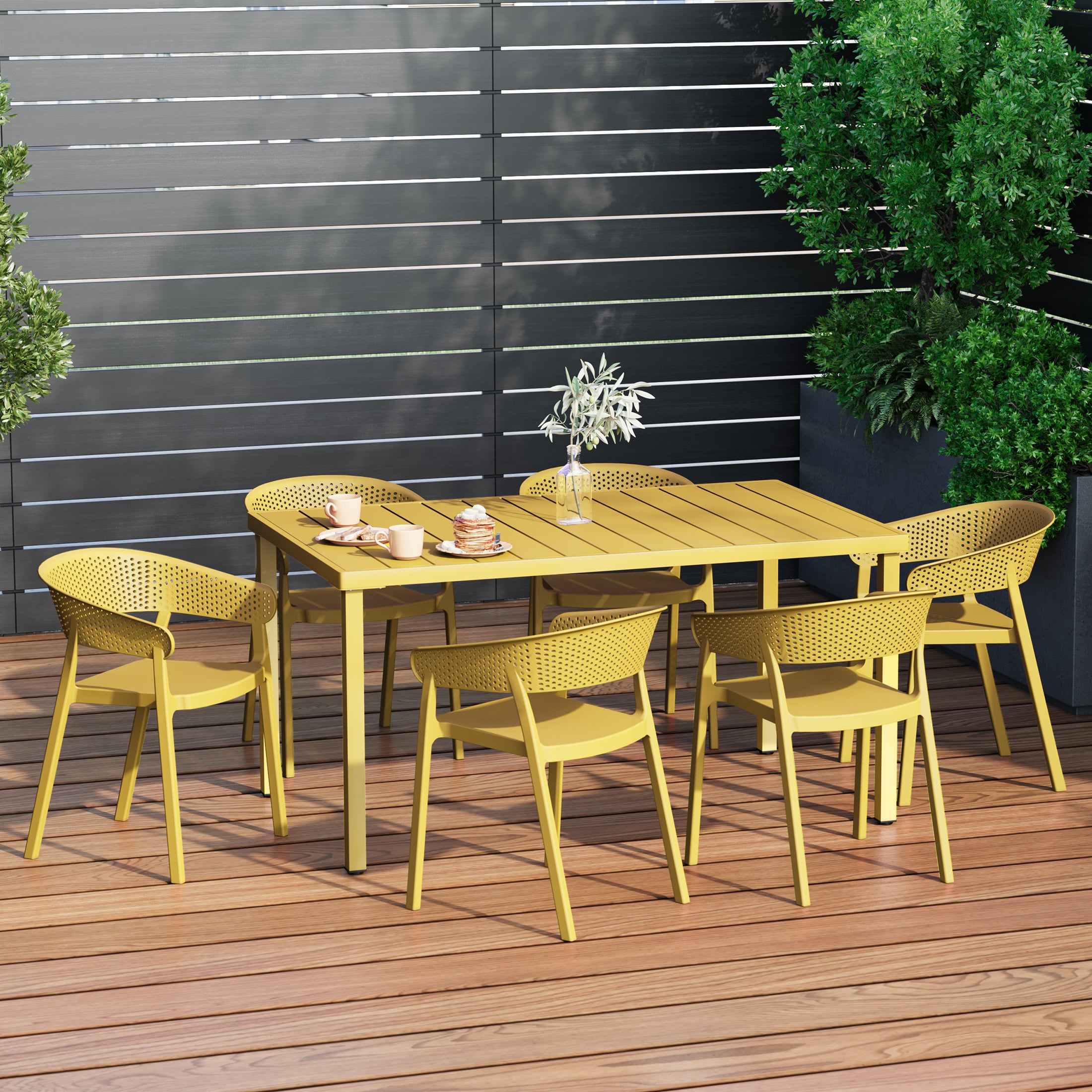 Sunshine 7-Piece Outdoor Metal Rectangle Patio Dining Table Set With Stackable Patio Dining Chairs
