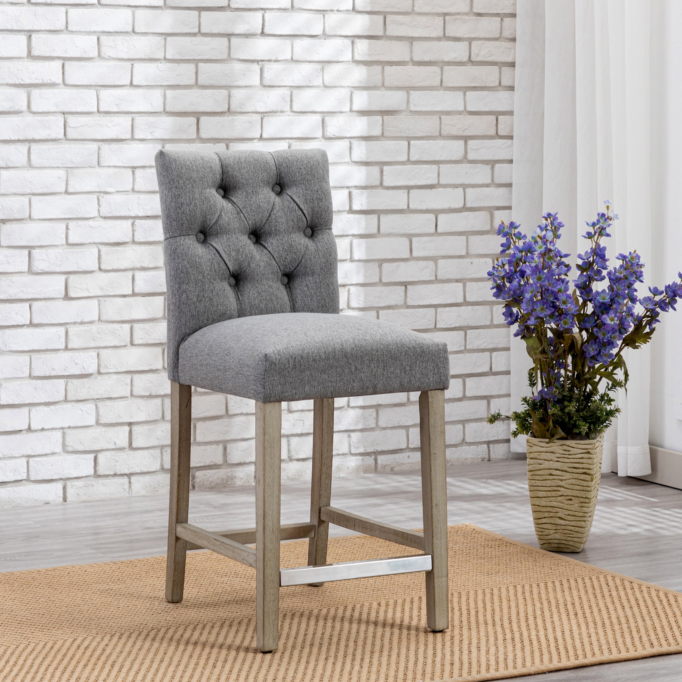 Bellmount 24" Linen Fabric Tufted Counter Stool,Antique Gray