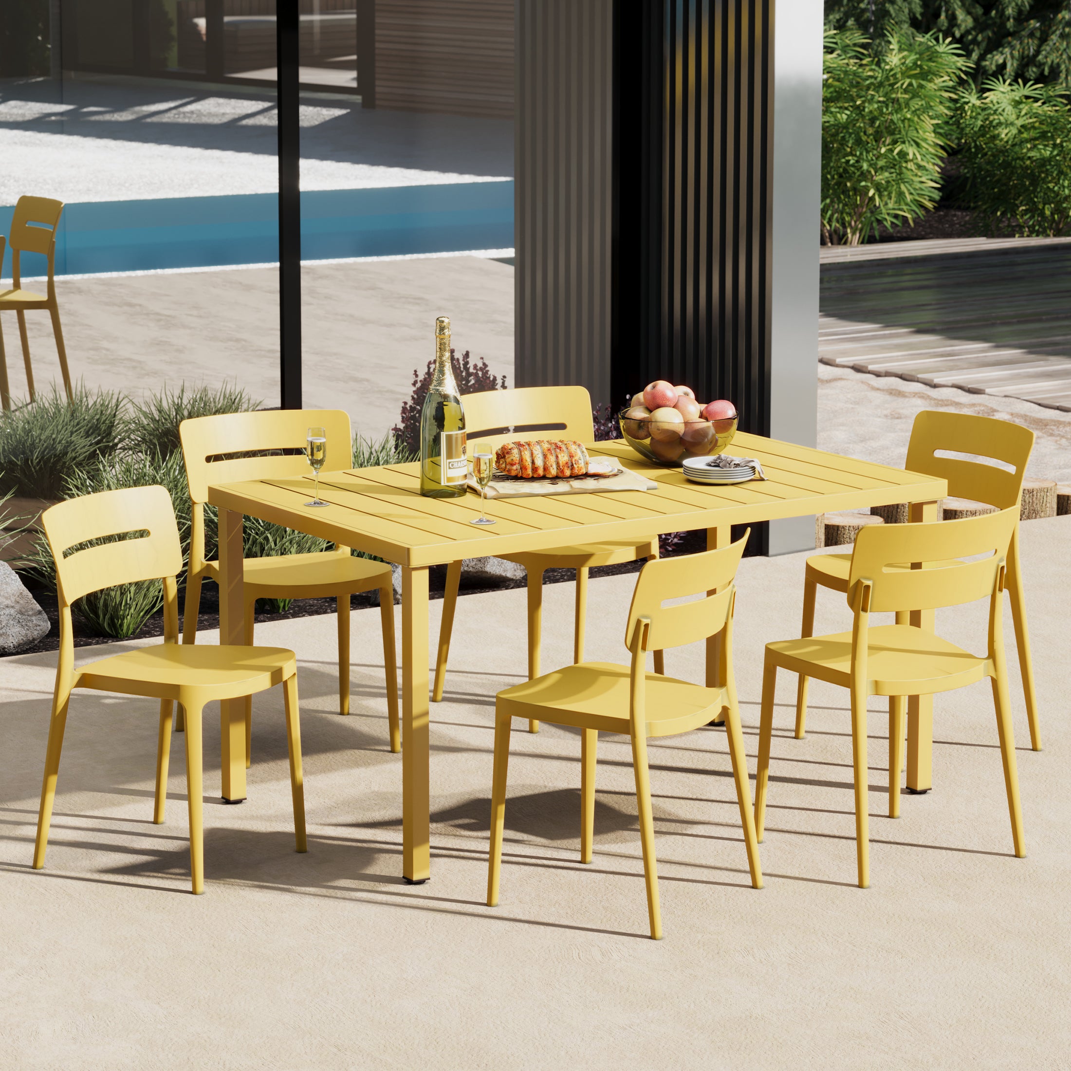 Sunshine 7-Piece Outdoor Rectangular Metal Patio Dining Table Set With Stackable Patio Chairs