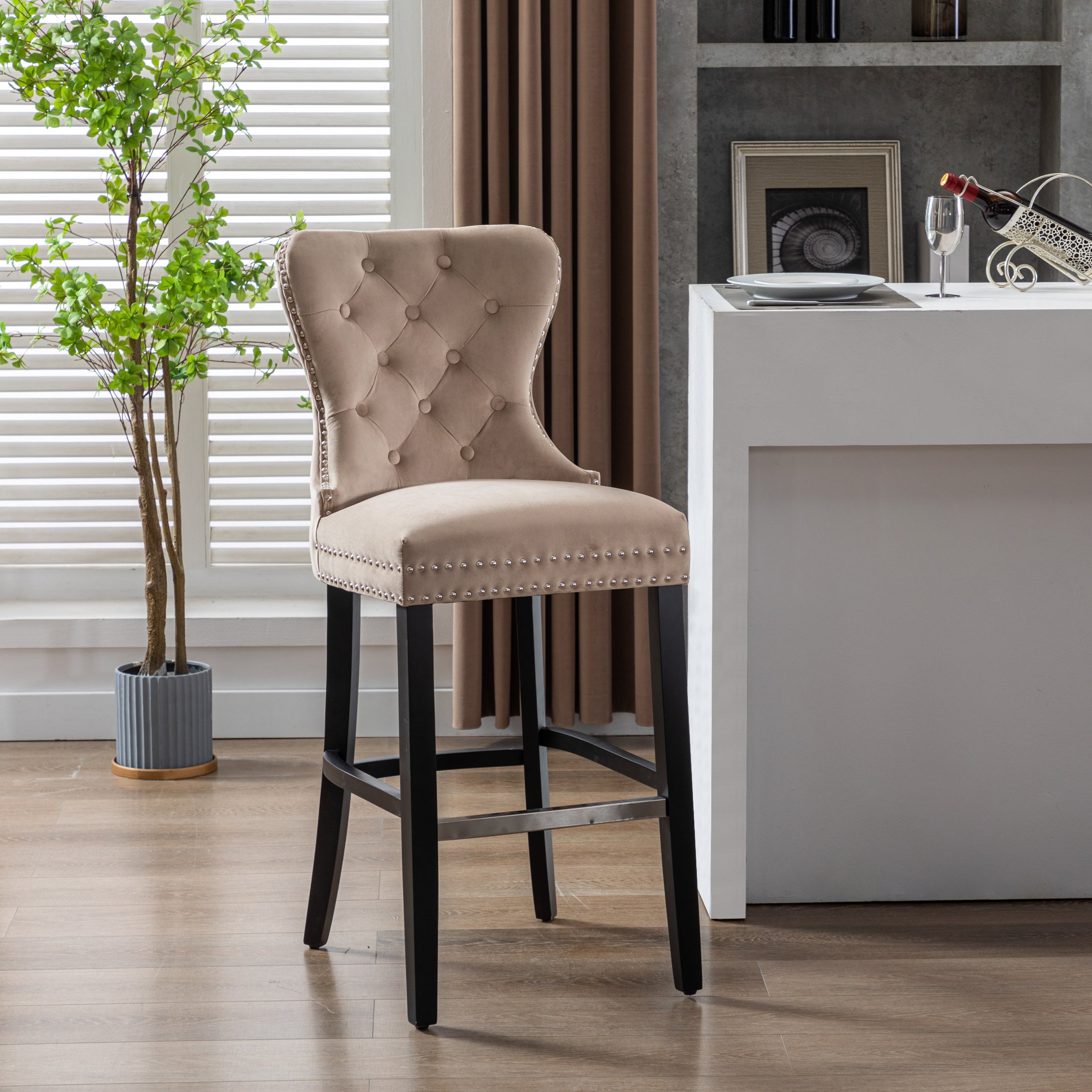 Hank 29" Tufted Velvet Bar Stool, Black