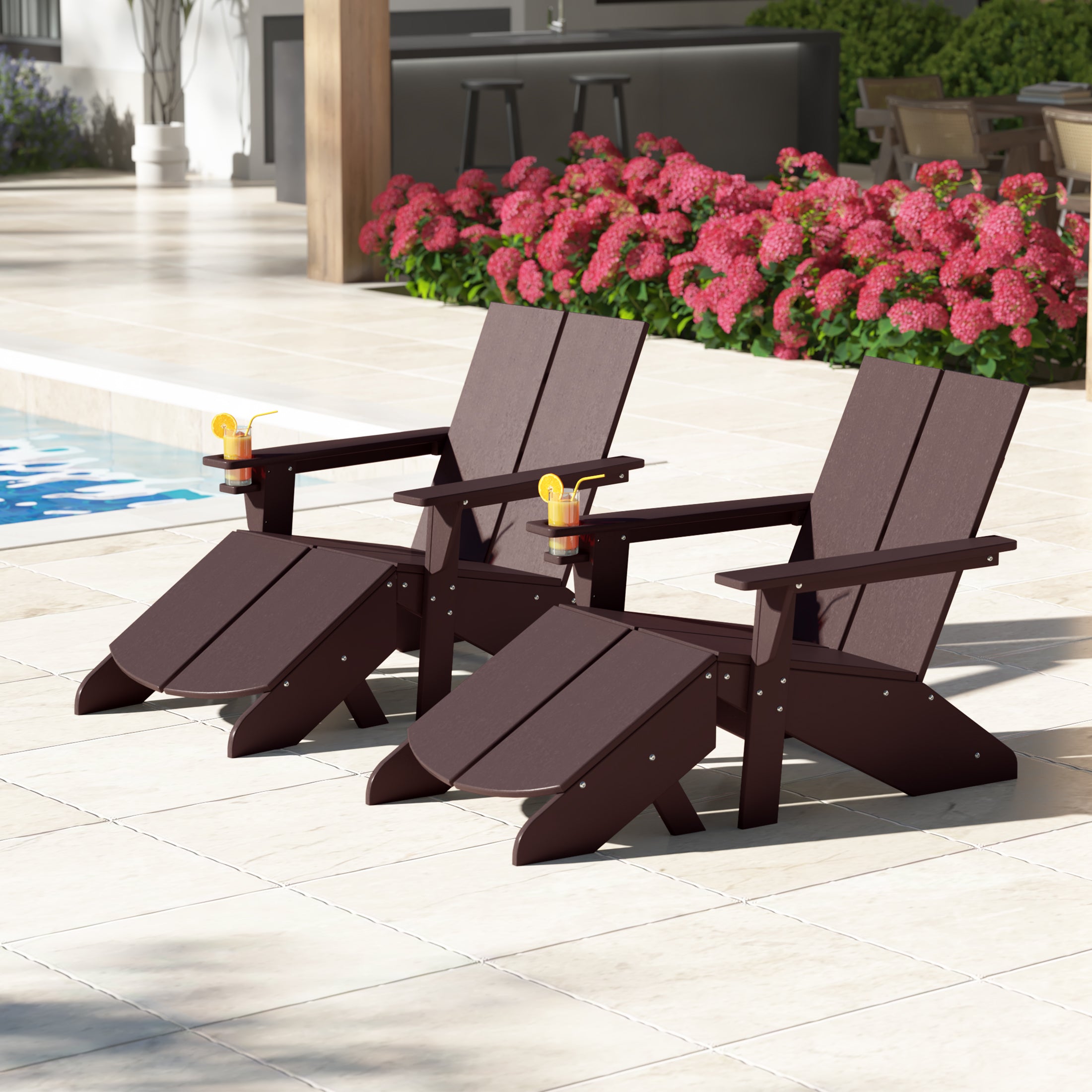 Seaview Outdoor 4-Piece HDPE Modern Adirondack Chairs Set with Folding Patio Ottomans and Cup Holder