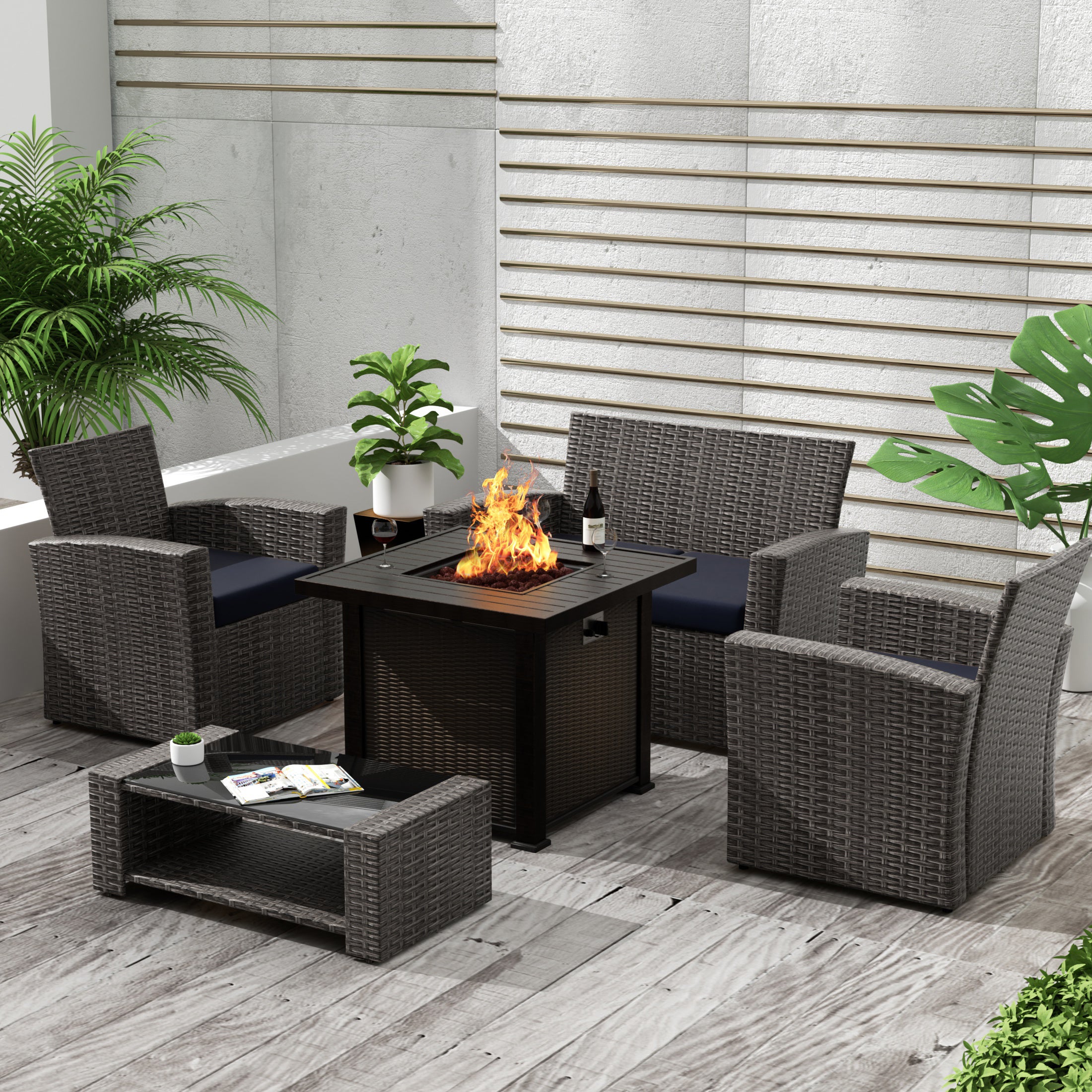 Wynston 4-Piece Conversation Outdoor Patio Sofa Set with Square Fire Pit Table, Gray