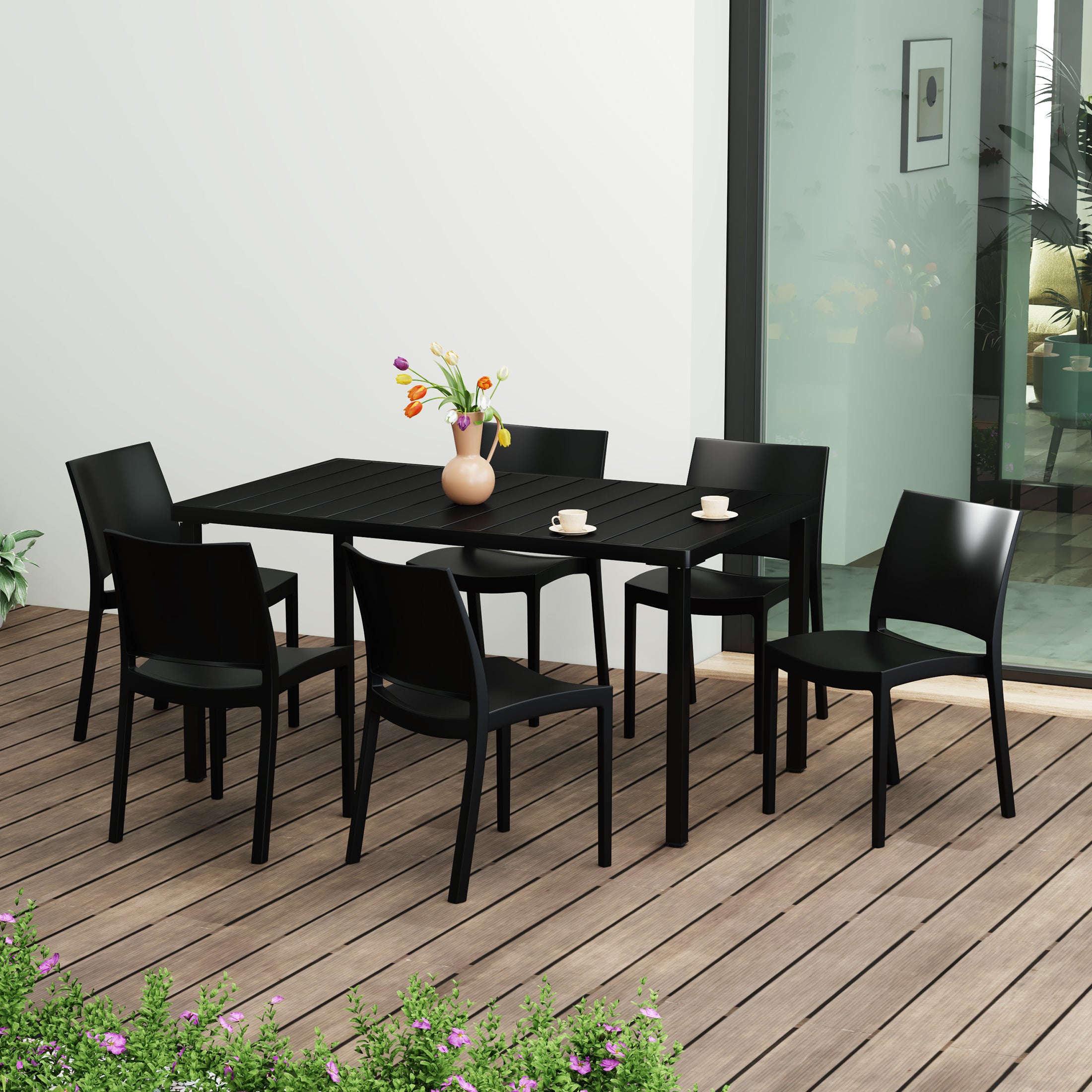 Sunshine 7-Piece Outdoor Rectangular Metal Patio Dining Table Set With Stackable Resin Patio Side Chairs