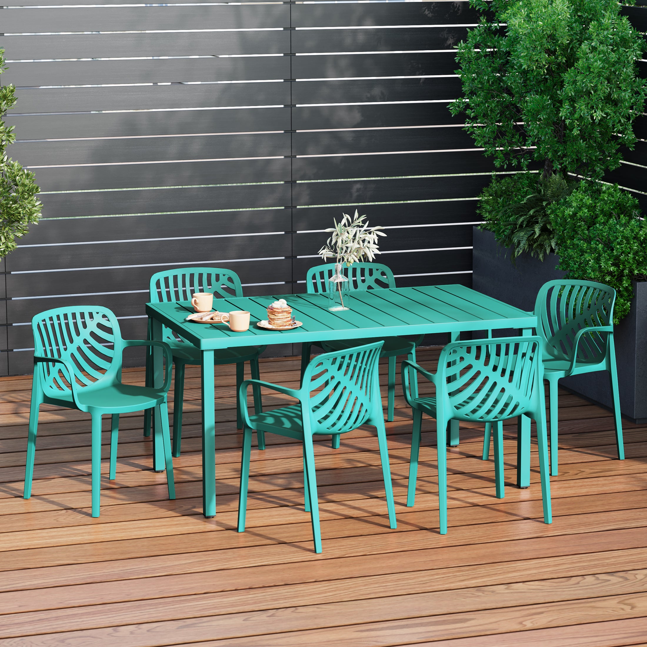 Sunshine 7-Piece Outdoor Metal Rectangle Patio Dining Table Set With Stackable Resin Patio Dining Chairs