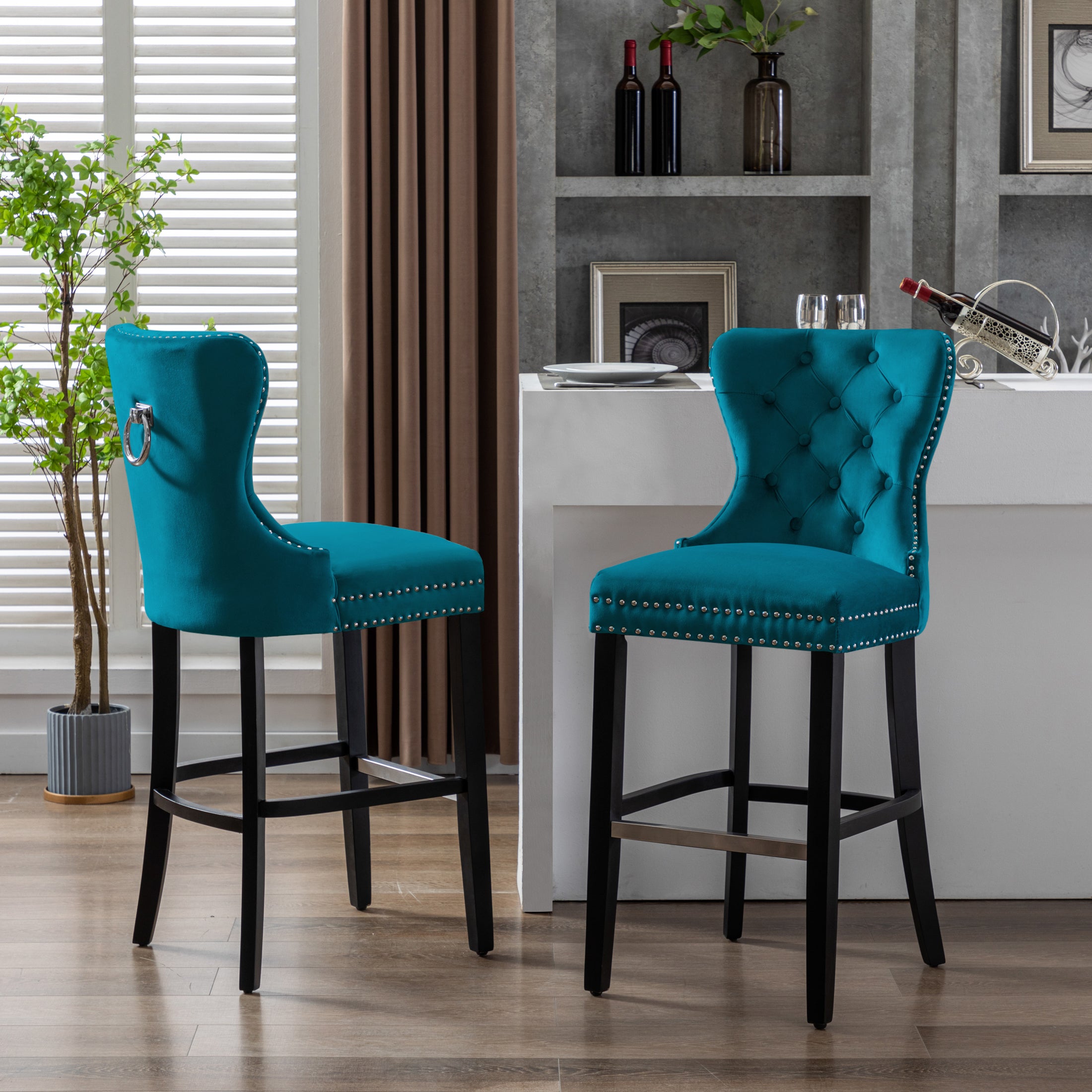 Hank 29" Tufted Velvet Bar Stool (Set of 2), Black