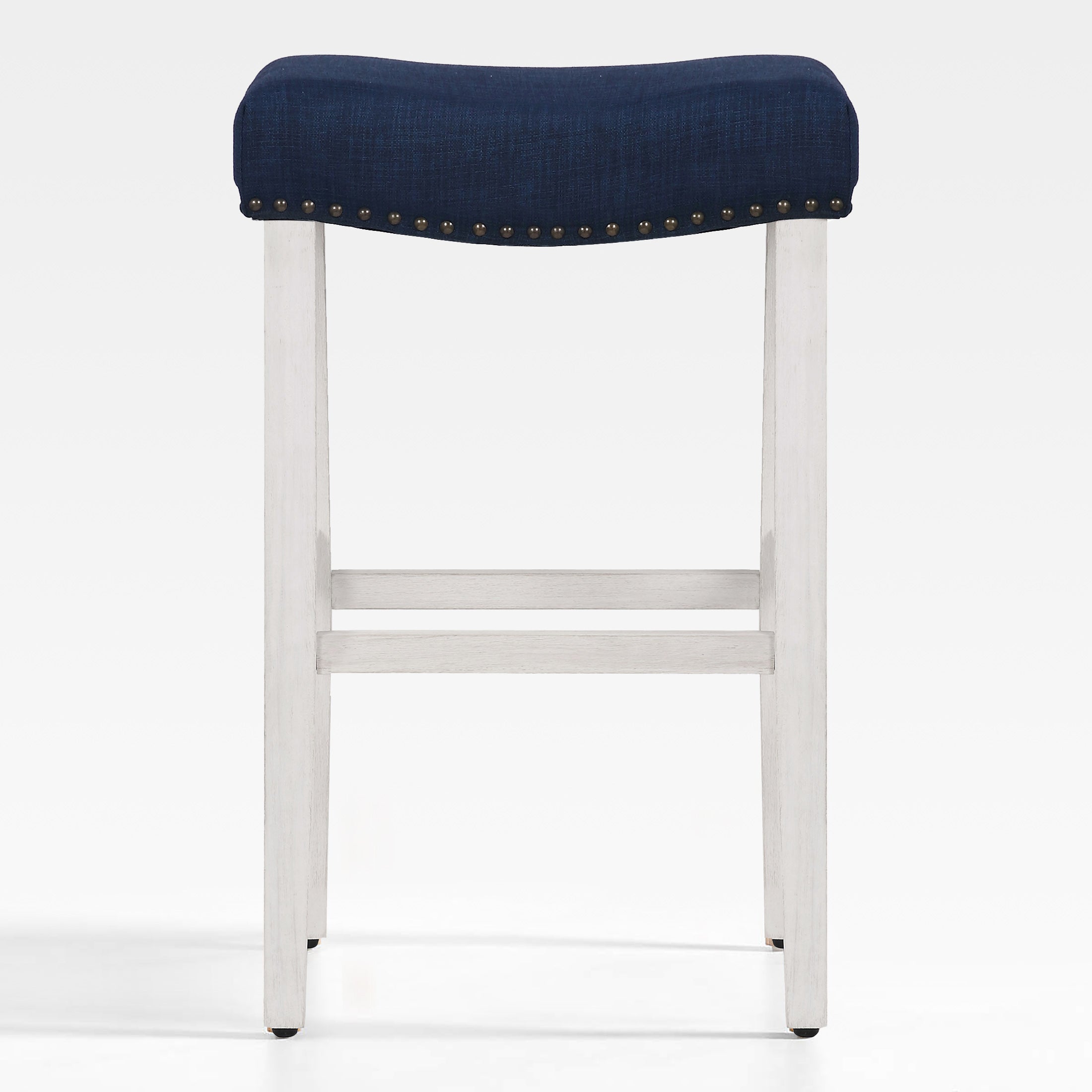 Bulmon 29" upholstered nail head bar counter stools with Antique White color legs