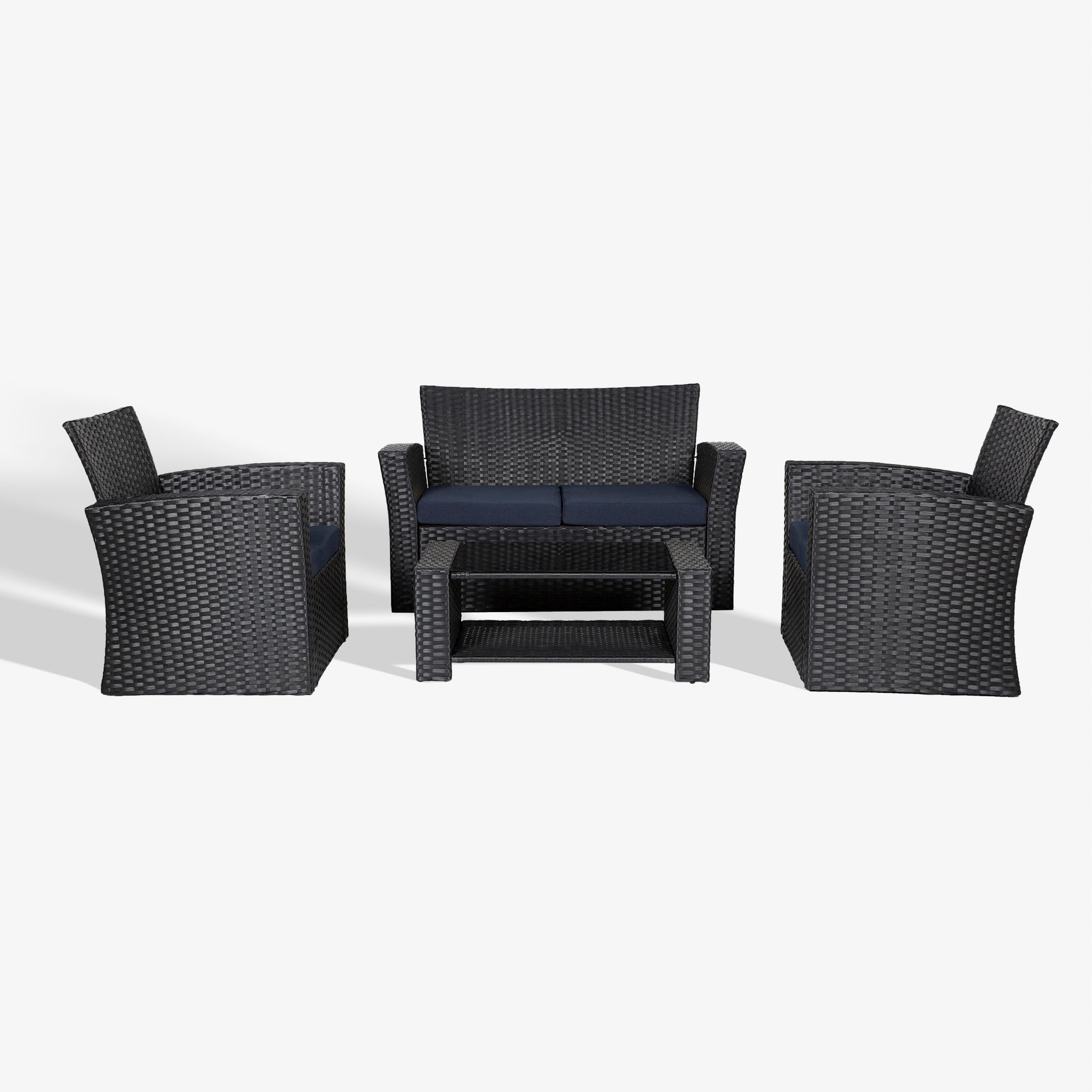 Wynston 4-Piece set Black color base Outdoor / Patio Wicker Rattan Conversation Sofa set with cushions and a Coffee table ( 4 seater )
