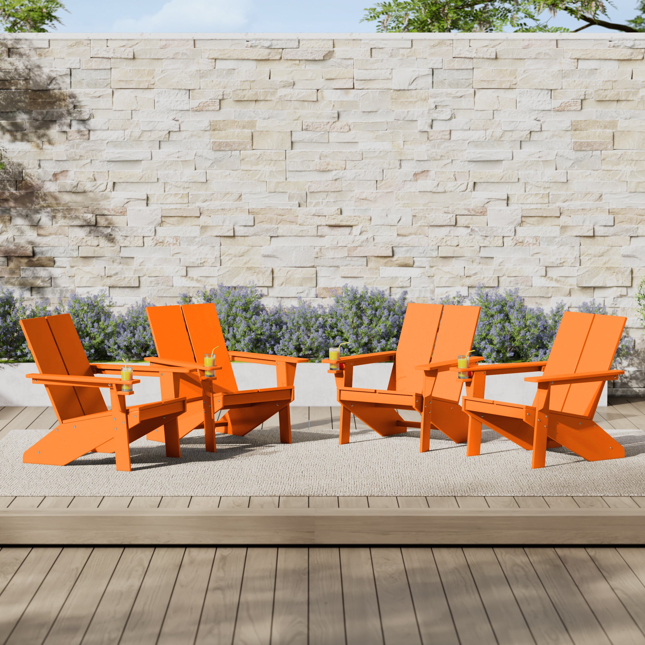 Seaview Outdoor HDPE Modern Adirondack Chair with Cup Holder (Set of 4)
