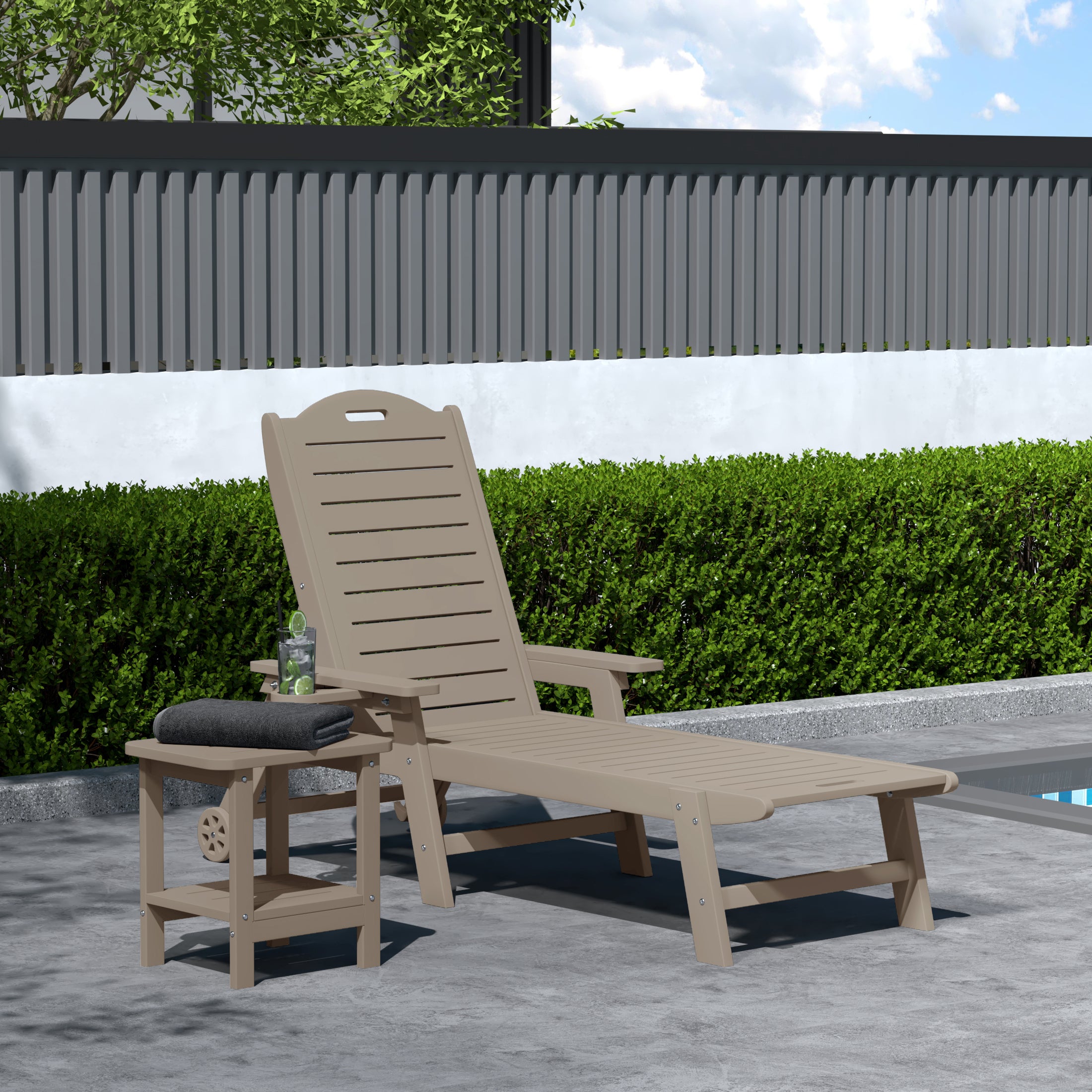 Lago 2-Piece Outdoor Patio Chaise Lounge Chair with Wheels & Cup Holder with Patio Side Table