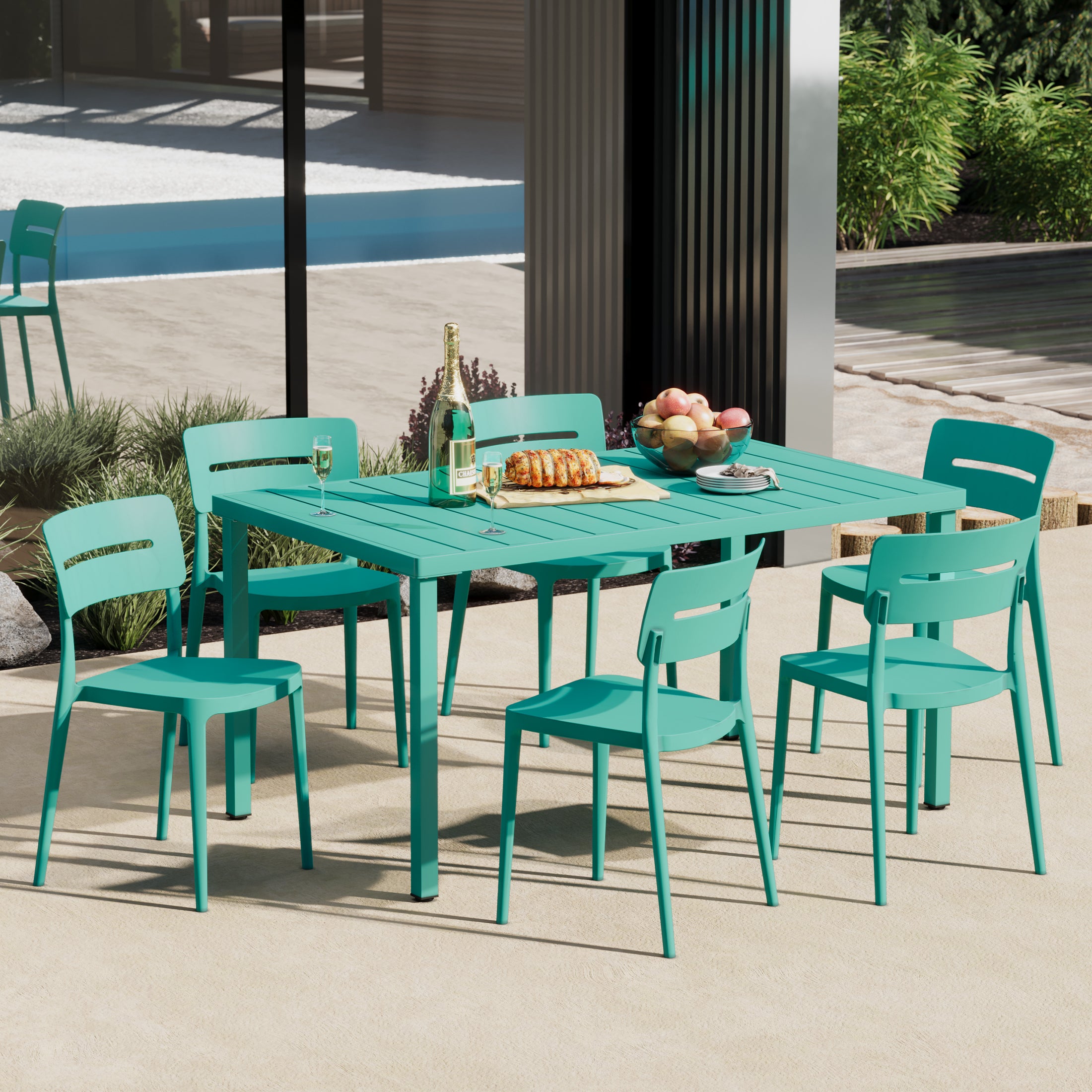 Sunshine 7-Piece Outdoor Rectangular Metal Patio Dining Table Set With Stackable Patio Chairs
