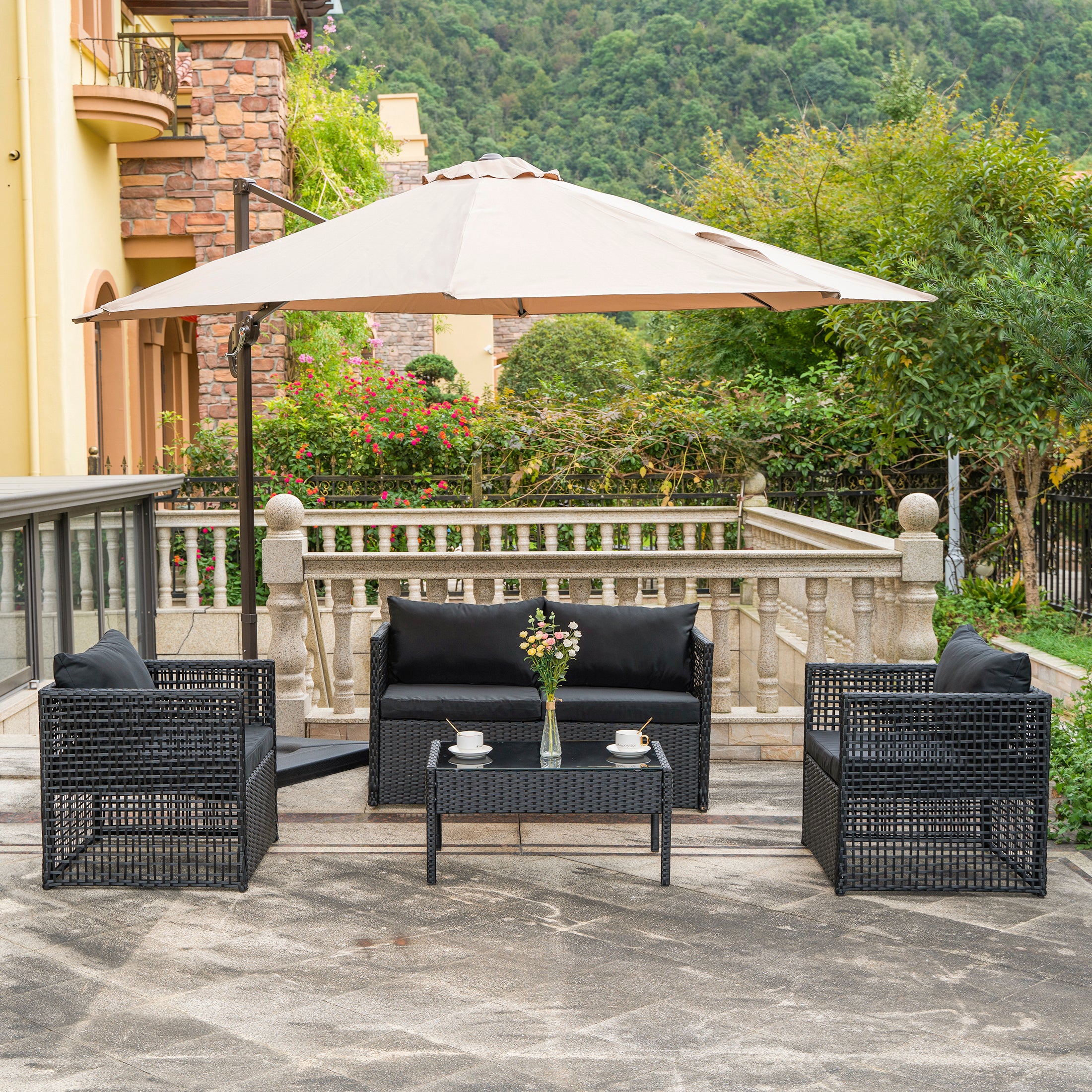 Solano 4-Piece set Black color base Outdoor / Patio Woven Rattan Conversation Sofa set with cushions, throw pillows and a Coffee table ( 4 seater )