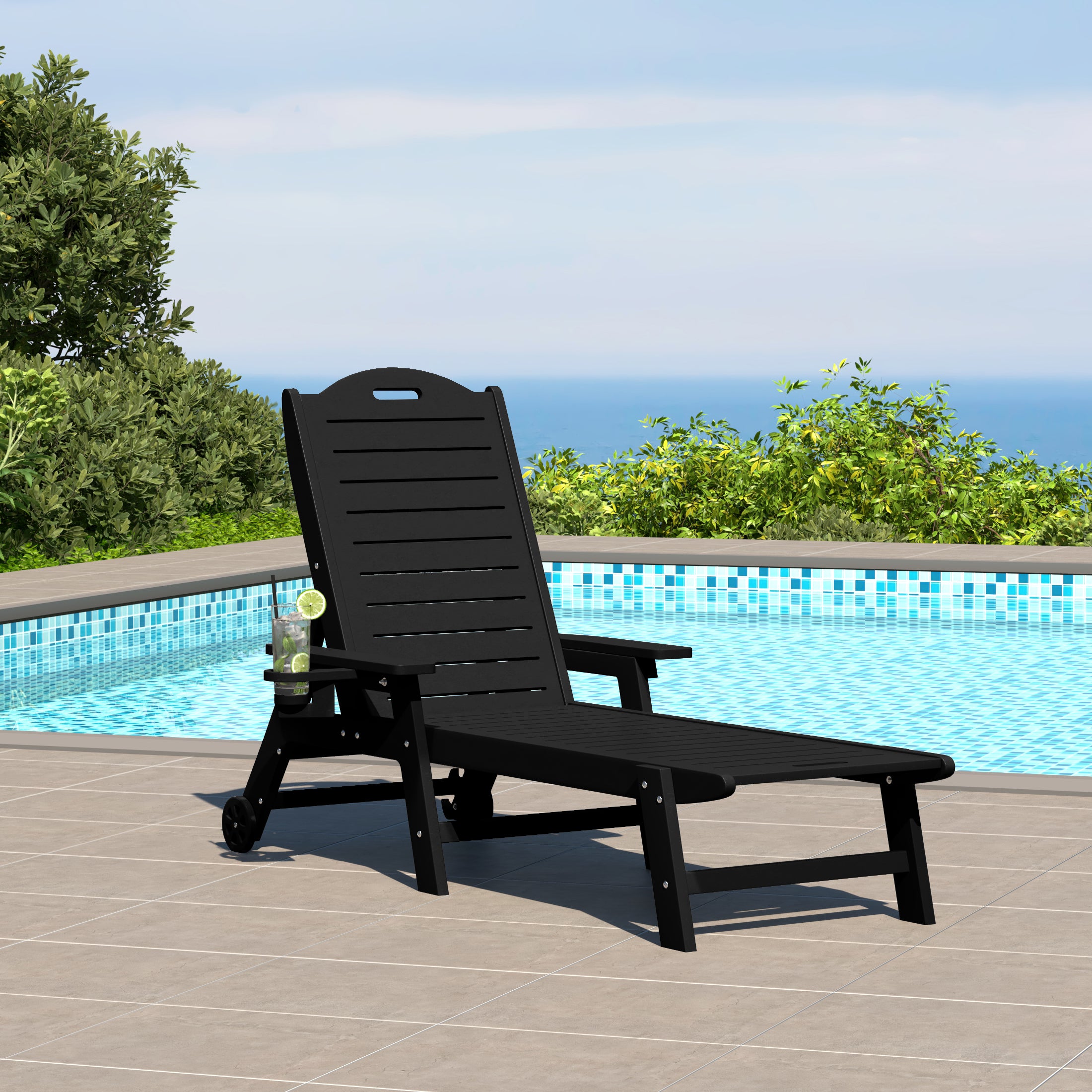 Lago Outdoor HDPE Patio Chaise Lounge With Wheels & Cup Holder