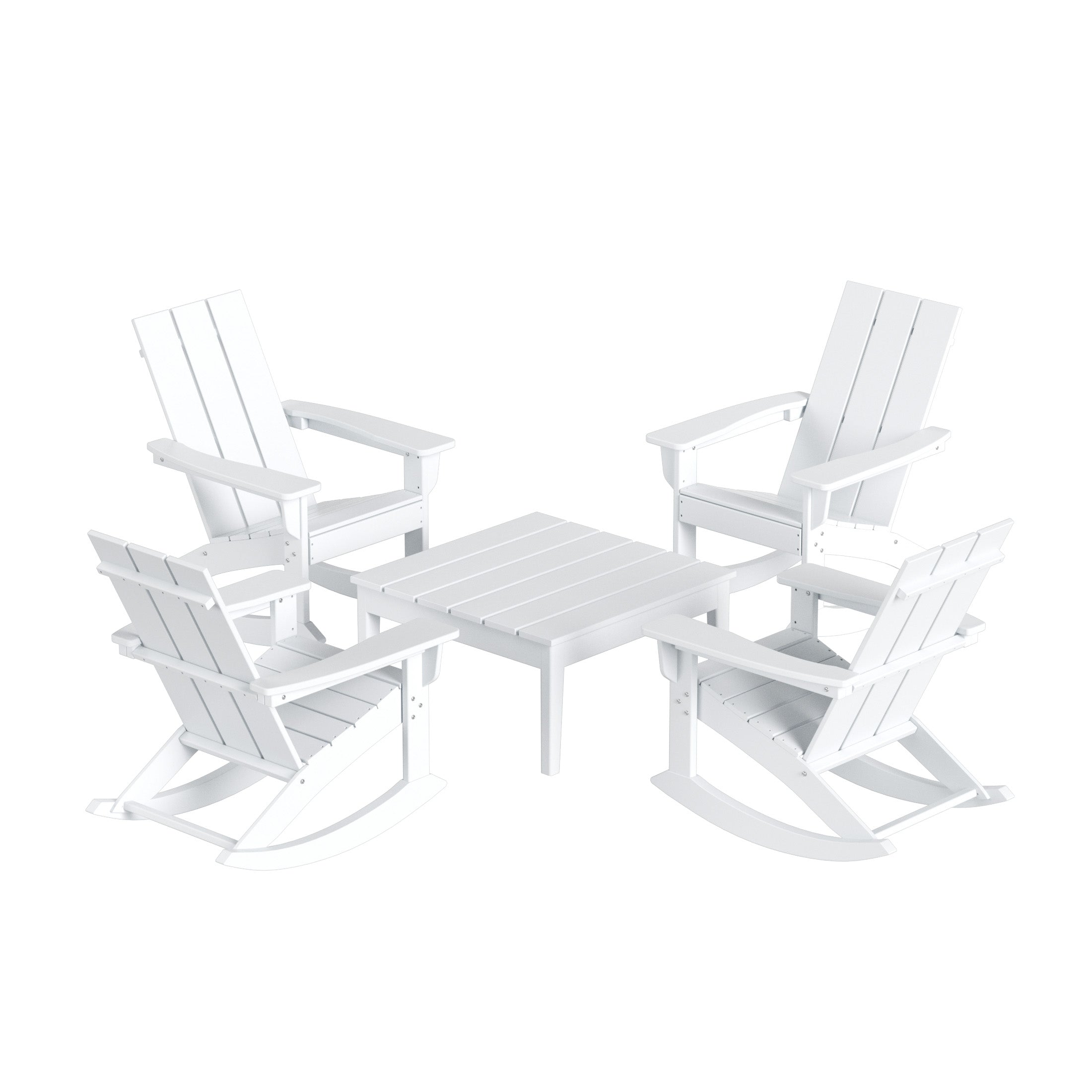 Palms 5-Piece Set Modern Plastic Outdoor Rocking Chairs with Square Side Table