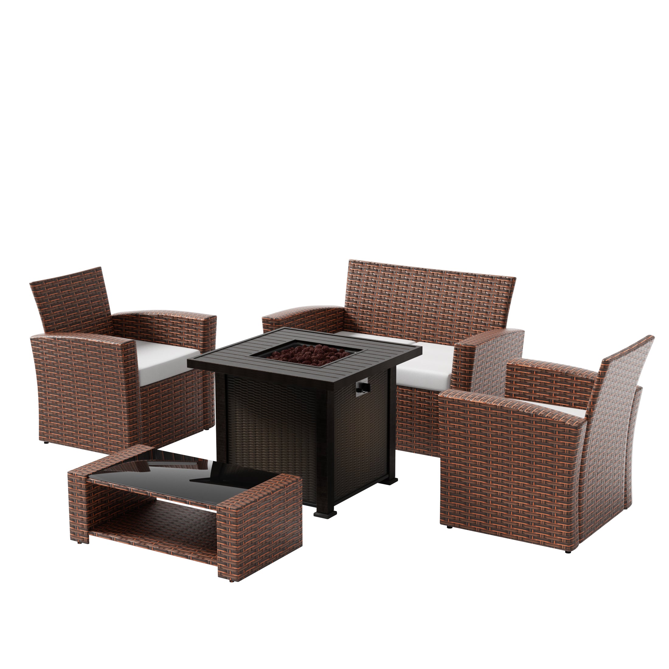 Wynston 4-Piece Conversation Outdoor Patio Sofa Set with Square Fire Pit Table, Brown
