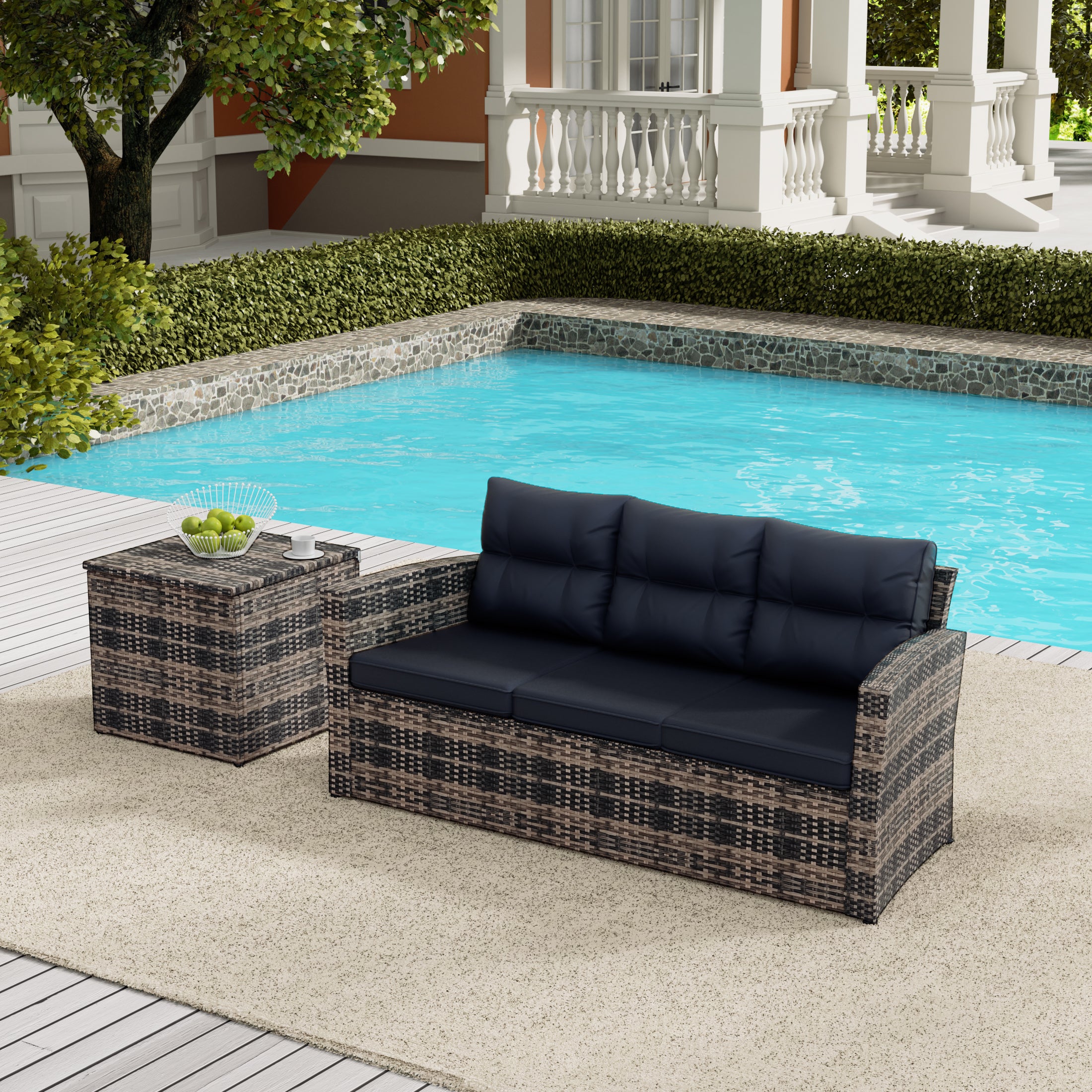 Maldives 2-Piece PE Rattan Wicker Outdoor Sofa with Cushions Side Table Set