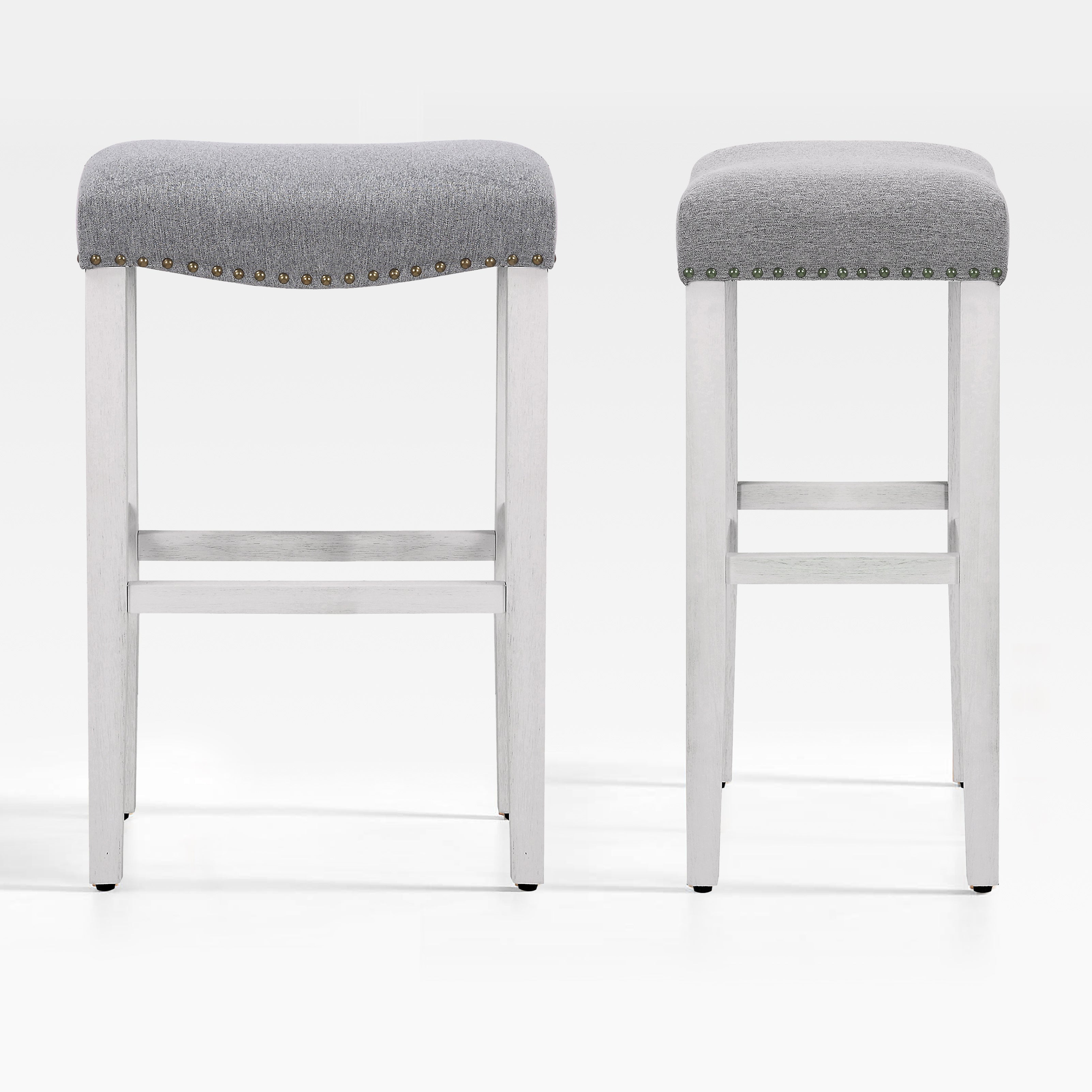 Bulmon 29" upholstered nail head bar counter stools with Antique White color legs (2 piece set)