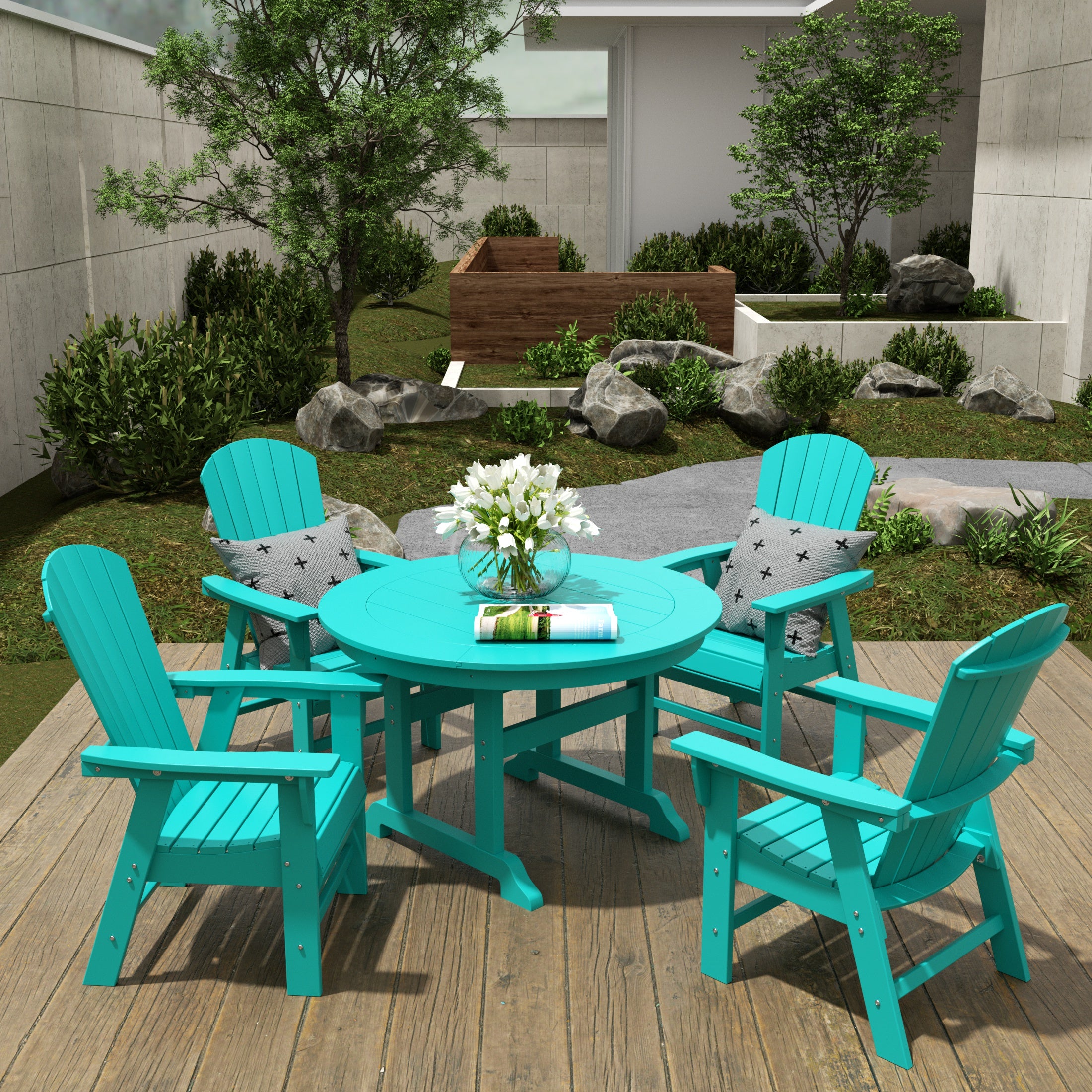 Portside 5 Piece Outdoor Patio Dining Round Table and Shell Back Armchair Set