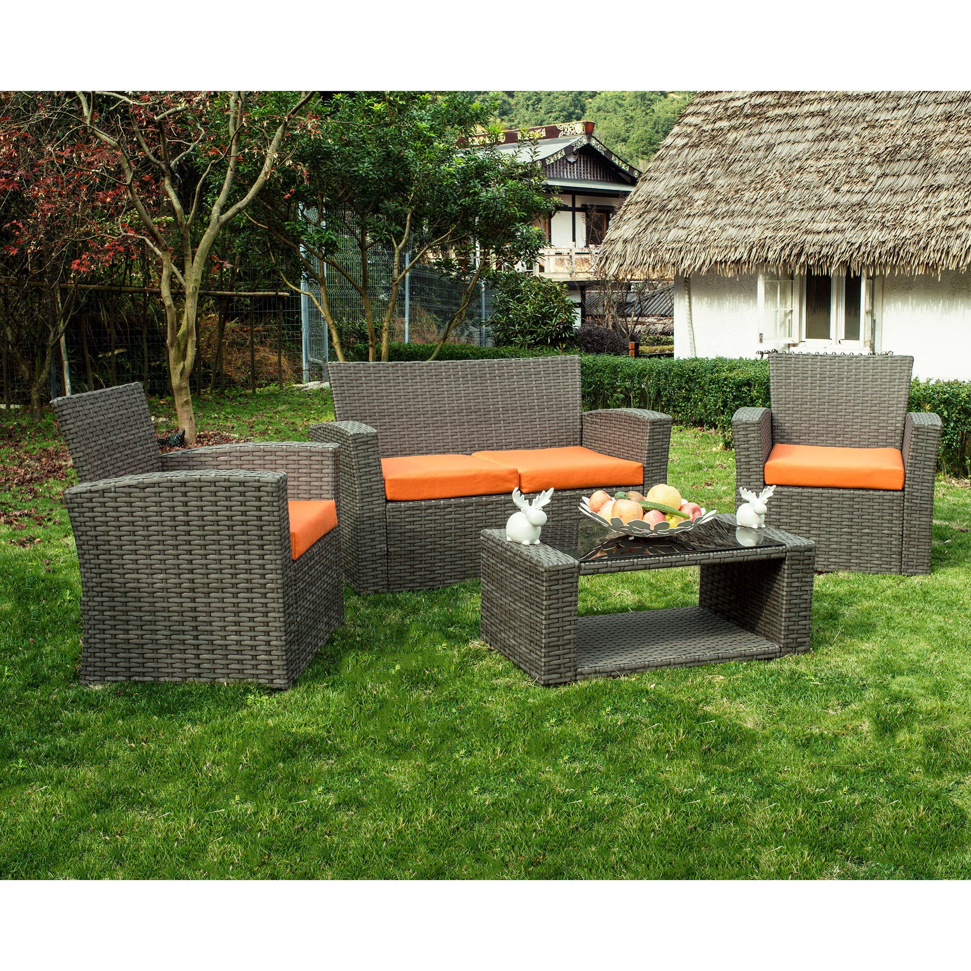 Wynston 4-Piece set Gray color base Outdoor / Patio Wicker Rattan Conversation Sofa set with cushions and a Coffee table ( 4 seater )
