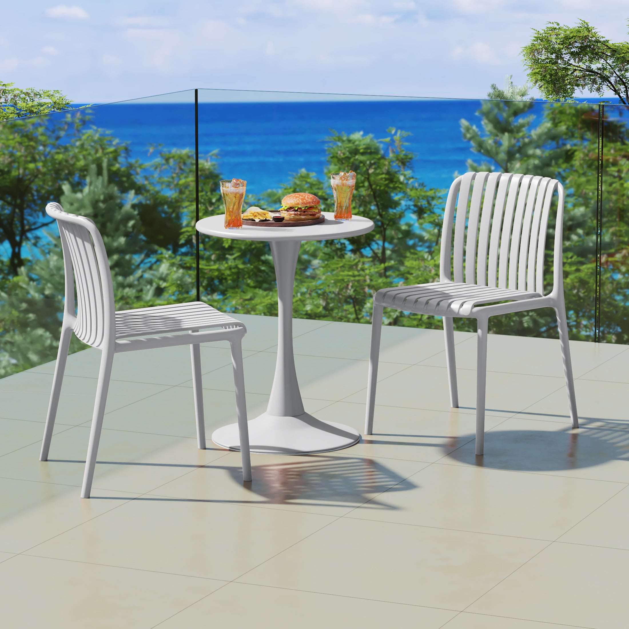 Sunshine 3-Piece Outdoor Metal Dining Table Set And Stackable Resin Patio Chairs