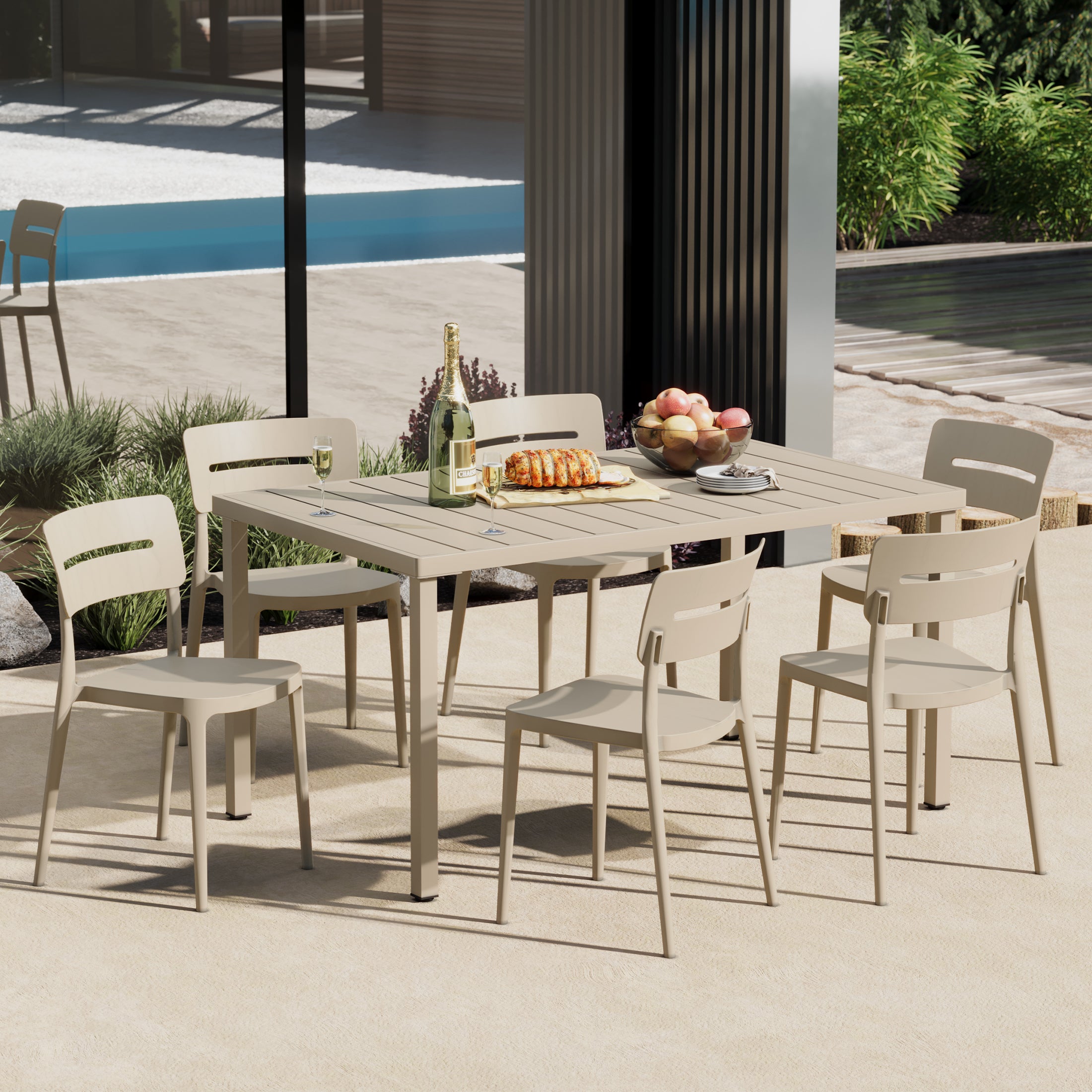 Sunshine 7-Piece Outdoor Rectangular Metal Patio Dining Table Set With Stackable Patio Chairs