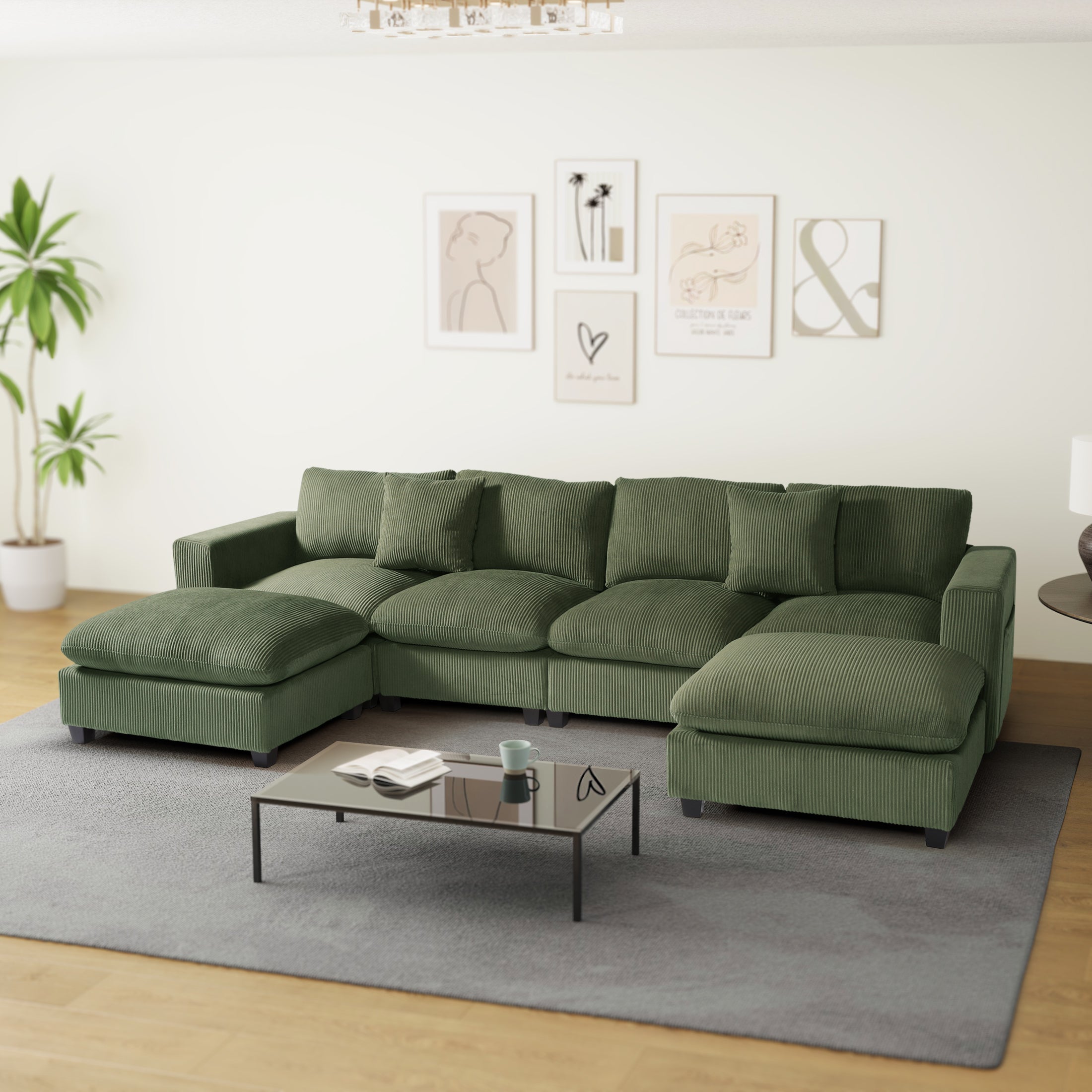 Ava 128" Corduroy Modular U-Shaped Sectional Couch and Chaise With USB/Type-C Ports and Side Pockets