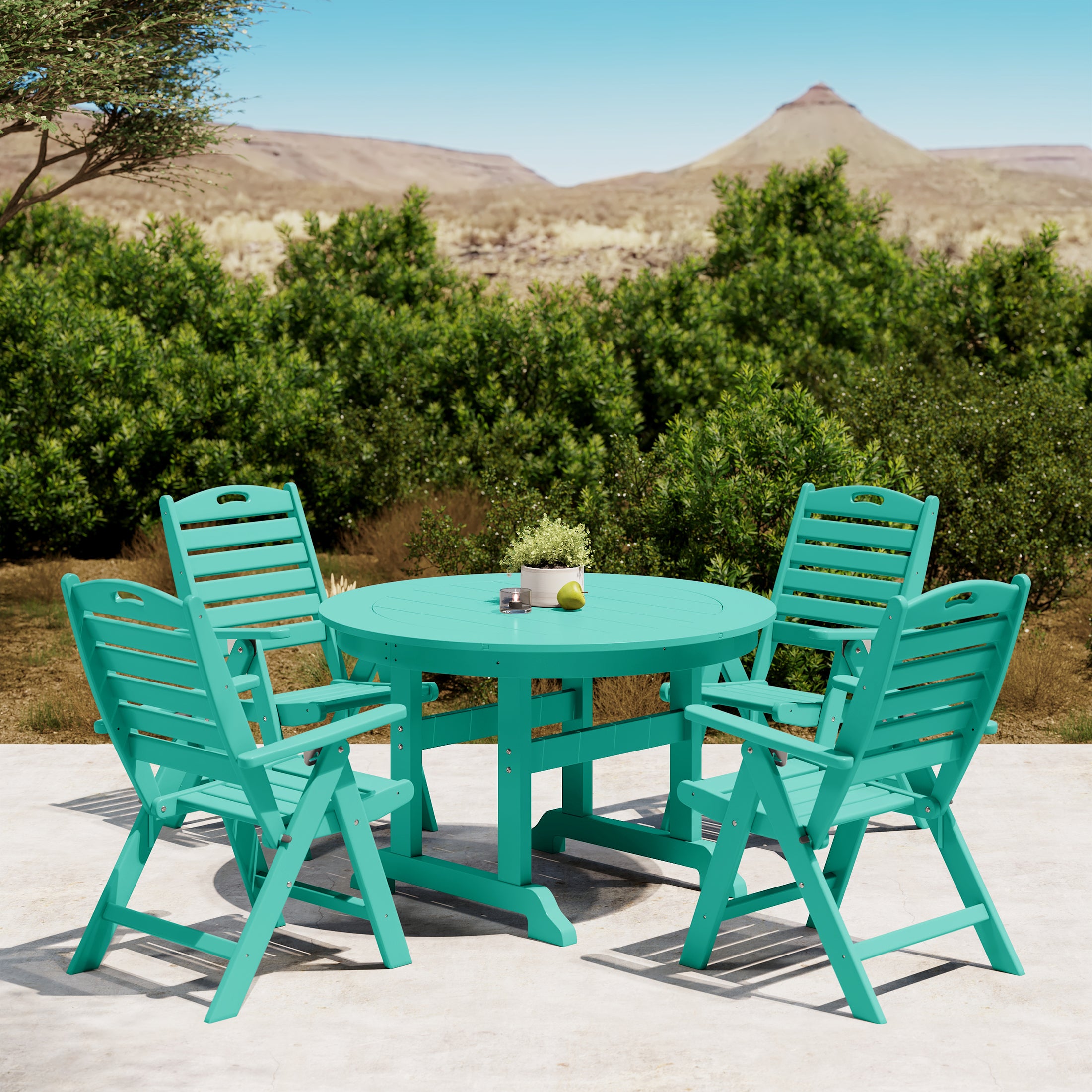 Paradise 5-Piece HDPE Round Patio Dining Table Set with Foldable Chairs
