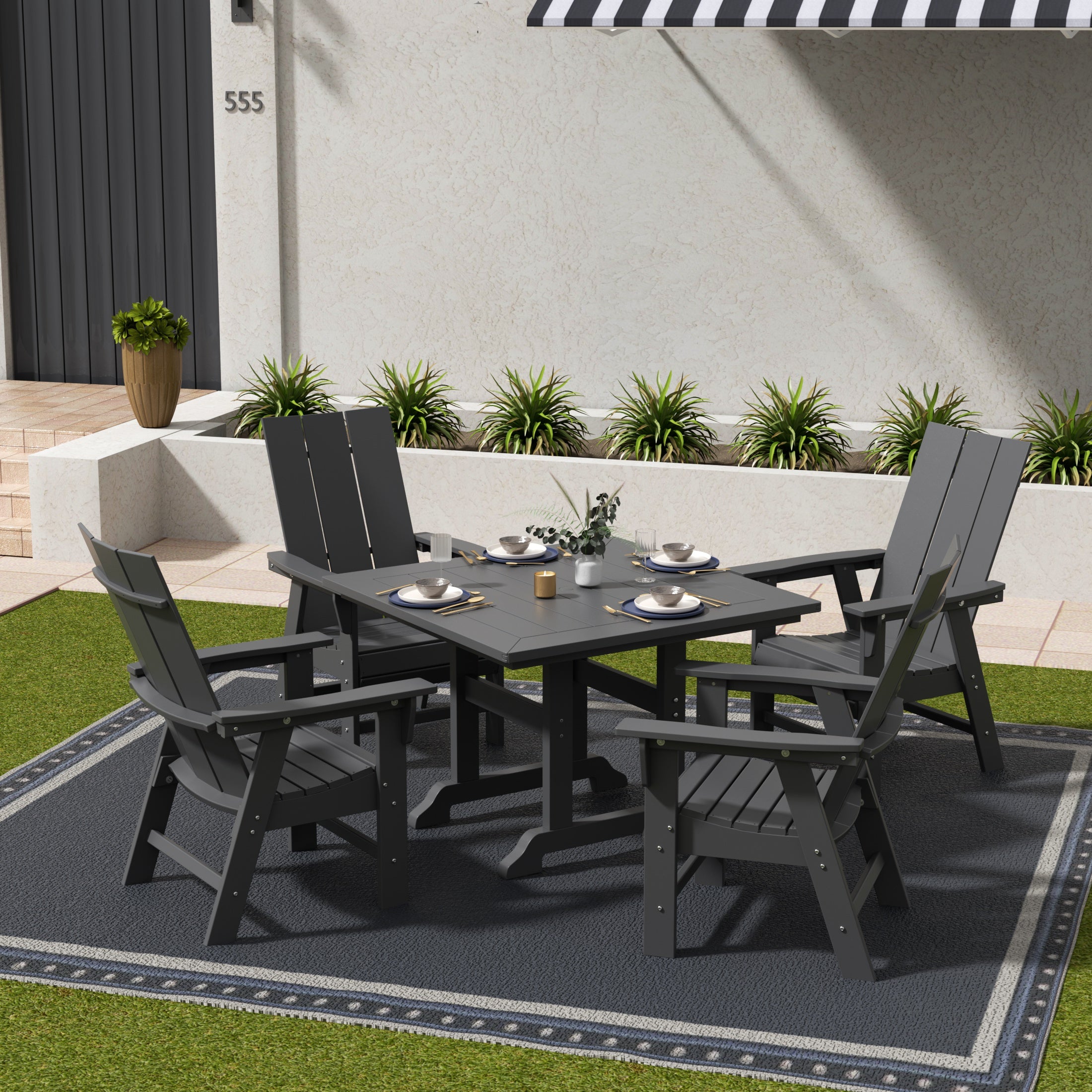 Palms 5 Piece Outdoor Patio Dining Square Table and Modern Armchair Set