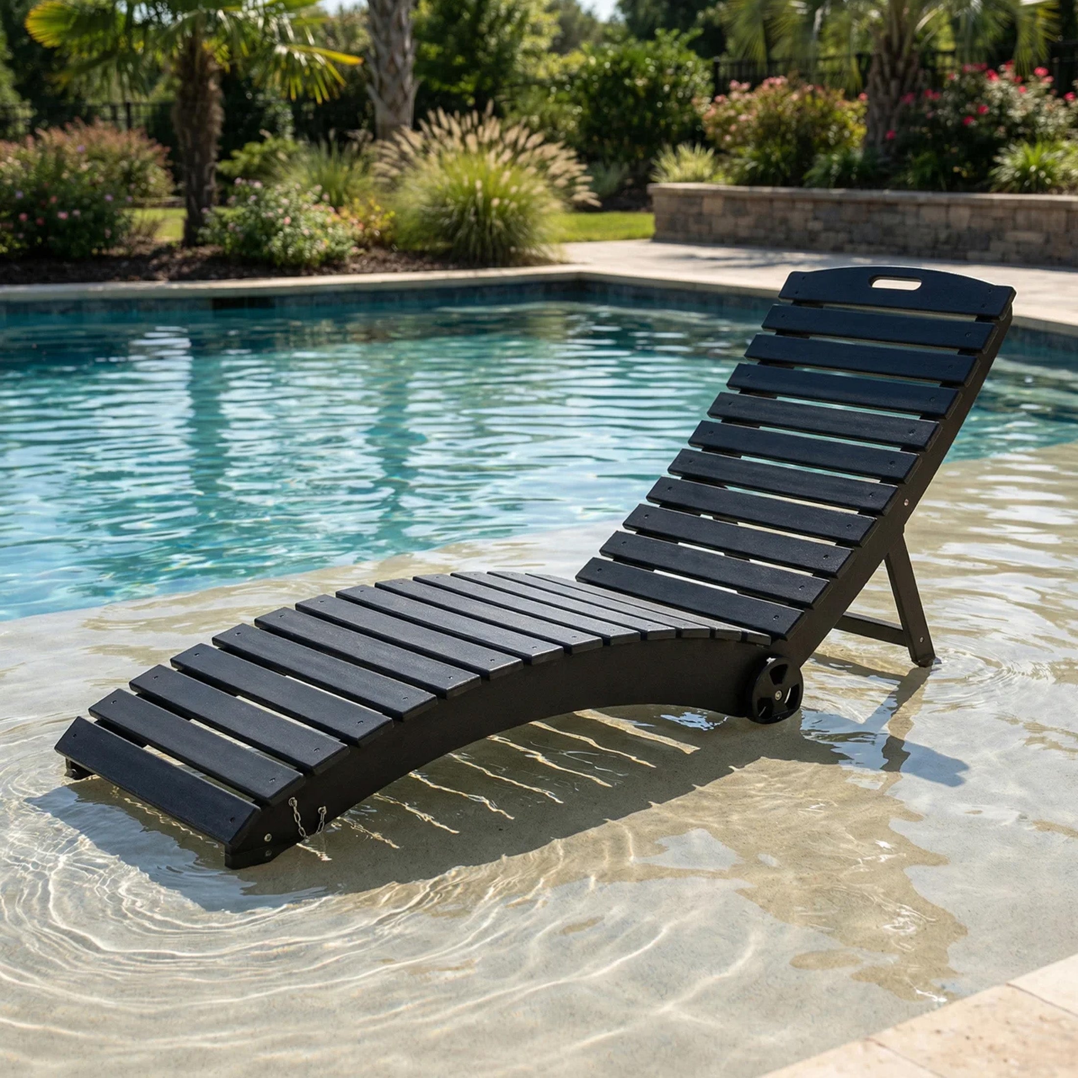 Outdoor HDPE In-Pool Patio Chaise Lounge Chair With Wheels