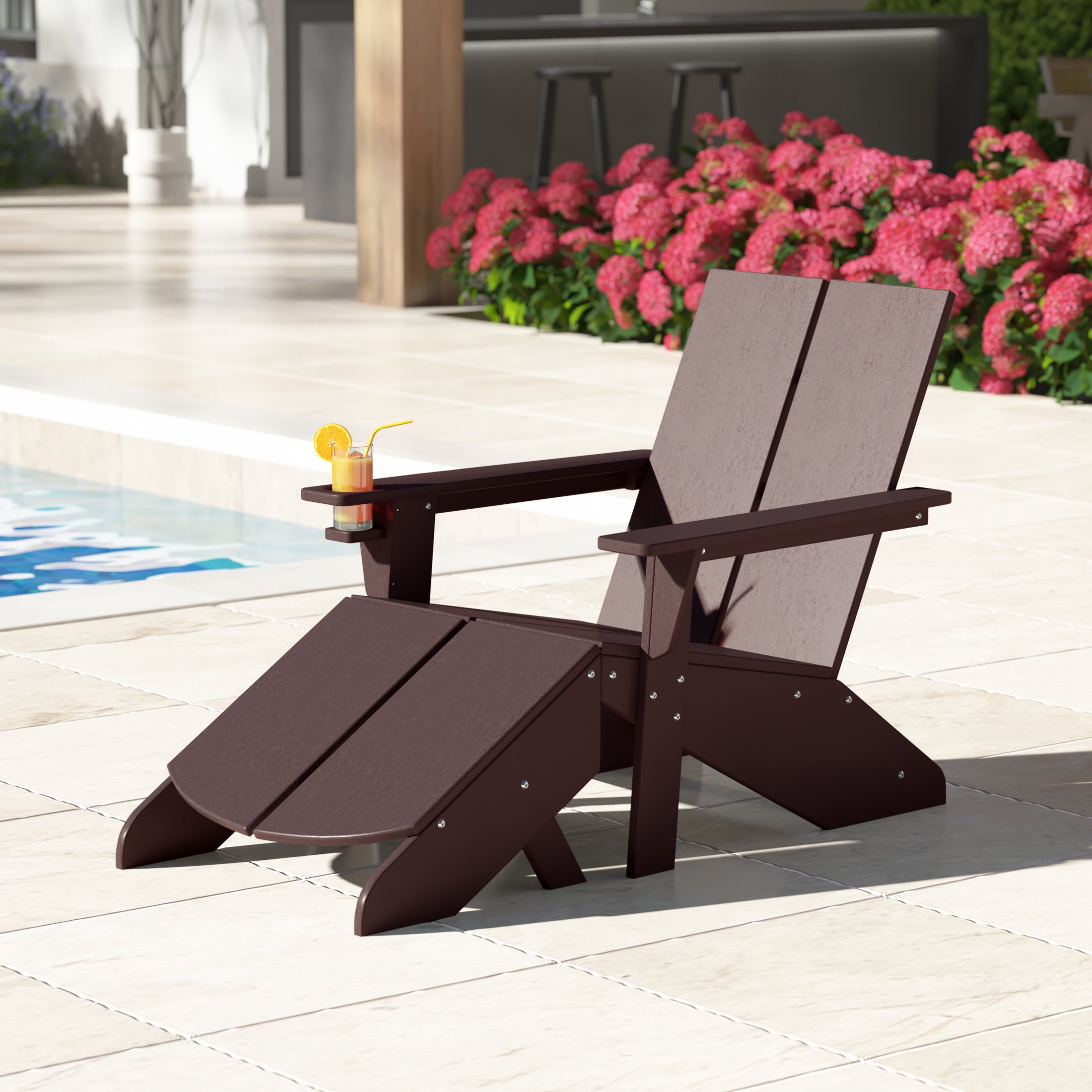 Seaview Outdoor HDPE Modern Adirondack Chair with Folding Patio Ottoman and Cup Holder