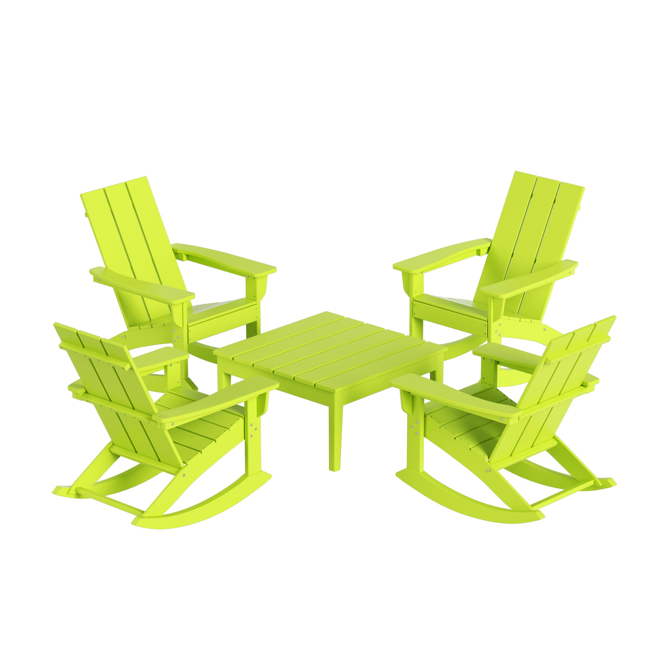 Palms 5-Piece Set Modern Plastic Outdoor Rocking Chairs with Square Side Table
