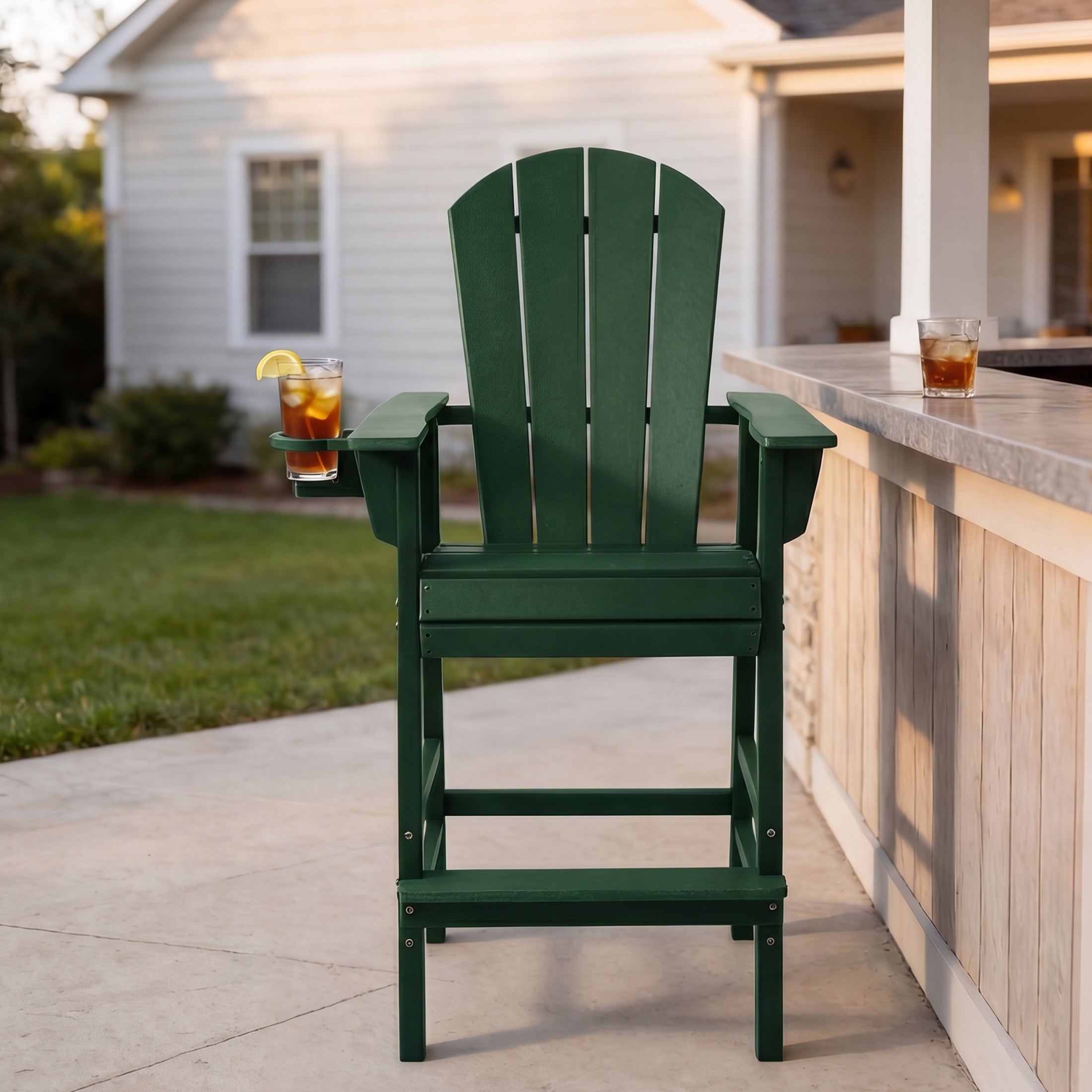 Paradise Outdoor HDPE Tall Adirondack Bar Height Chair With Cup Holder