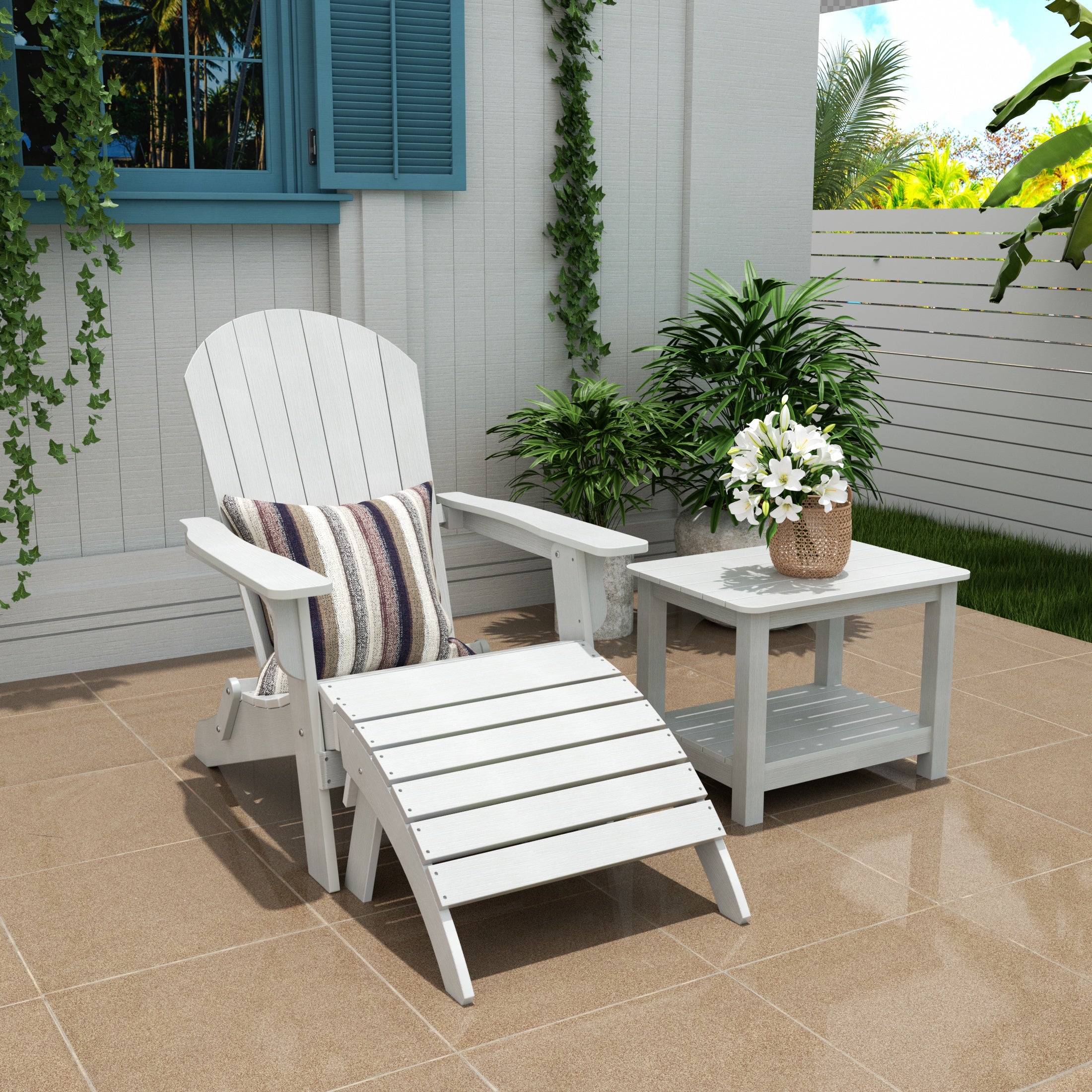 Florence 3-Piece HIPS Outdoor Folding Adirondack Seashell Chair With Folding Ottoman And Side Table