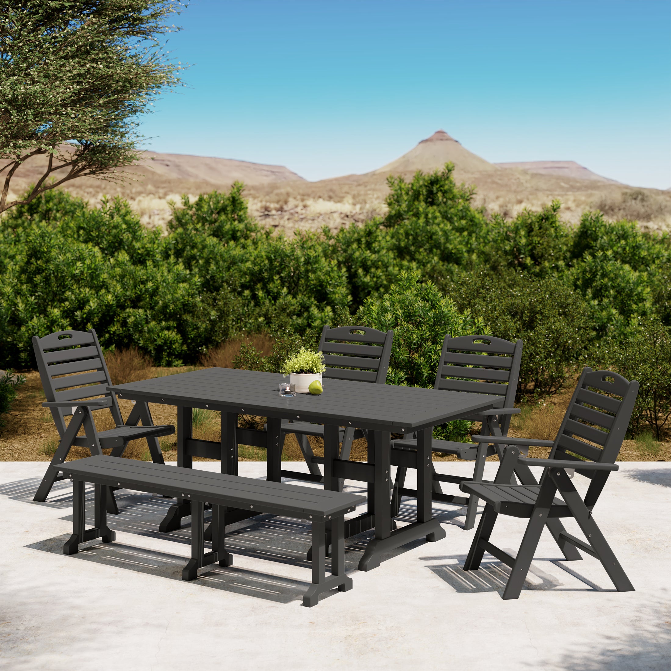 Paradise 6-Piece HDPE Rectangular Patio Dining Table Set with Foldable Chairs and Patio Bench