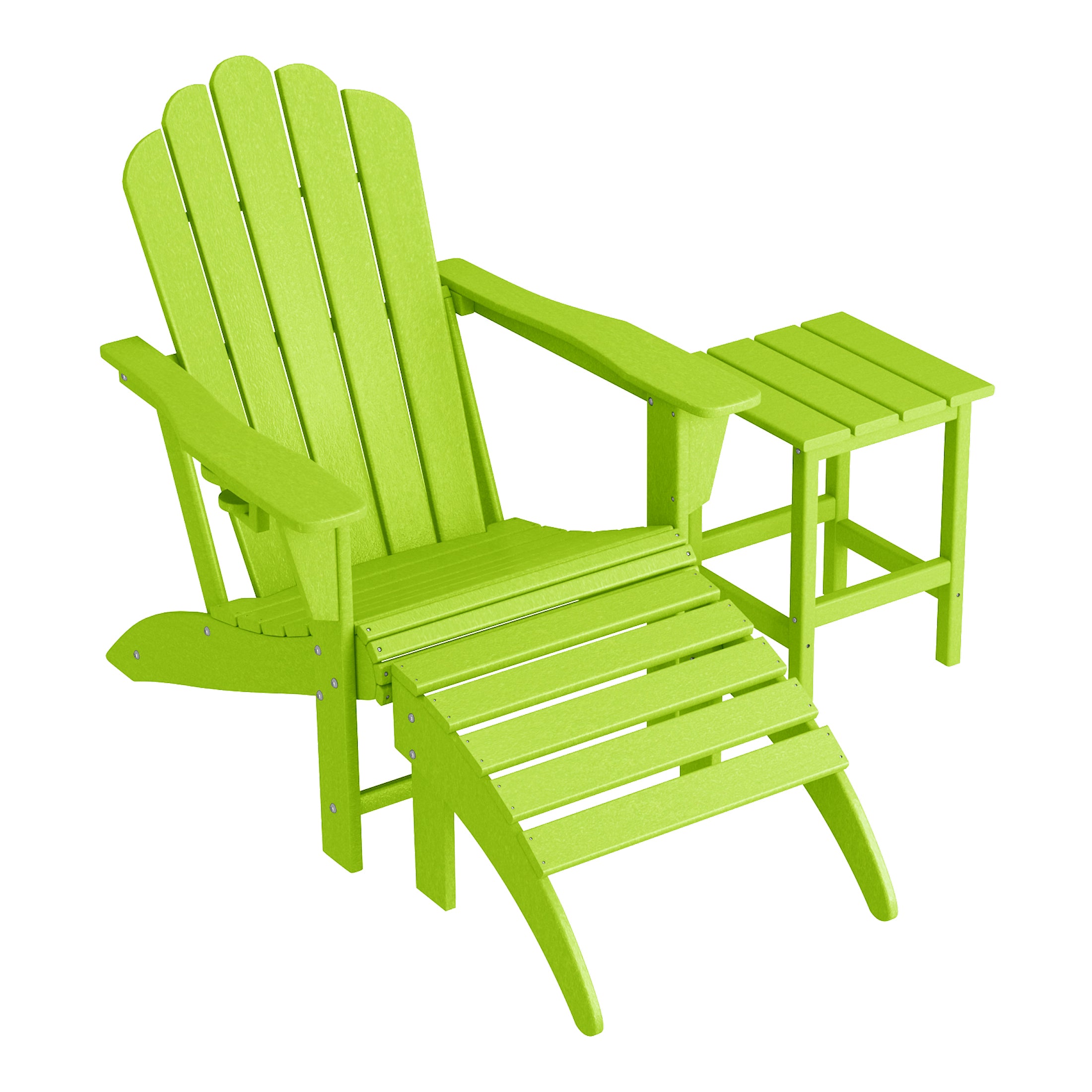 Lakeview 3-Piece Adirondack Chair with Cup Holder and Folding Ottoman and Table Set