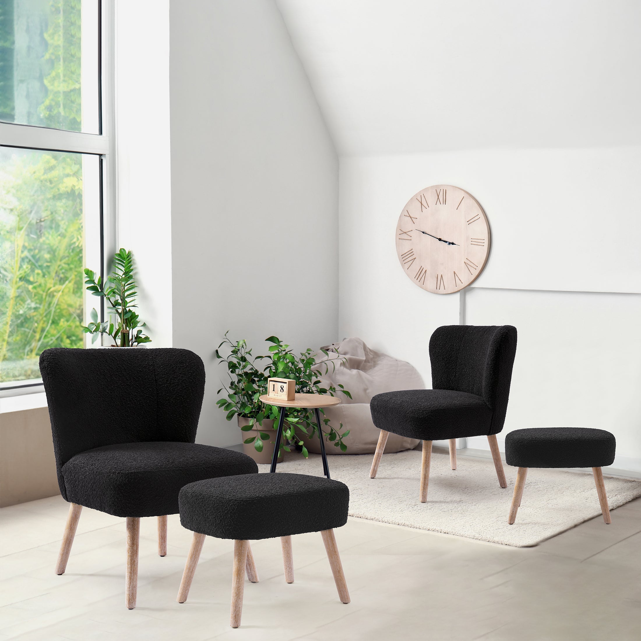 Amélie 4-Piece Set Mid-Century Boucle Accent Chairs with Ottoman Foot Stools