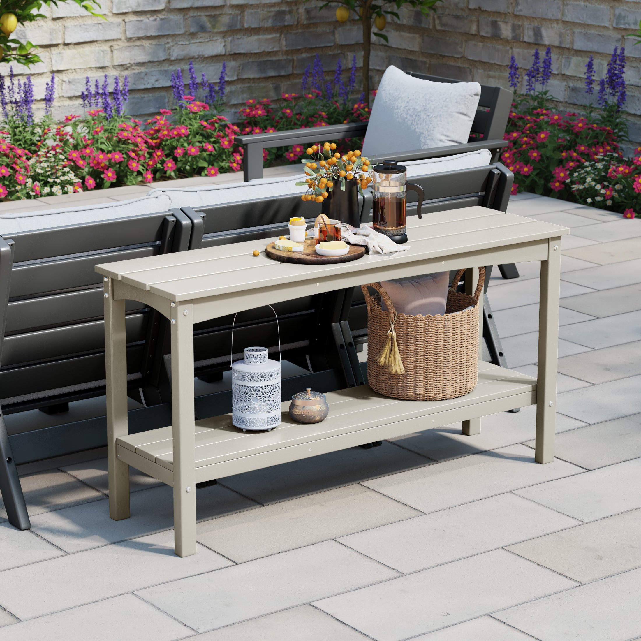 Paradise 55" Outdoor Patio HDPE Adirondack 2-Tier Shelf Console Table