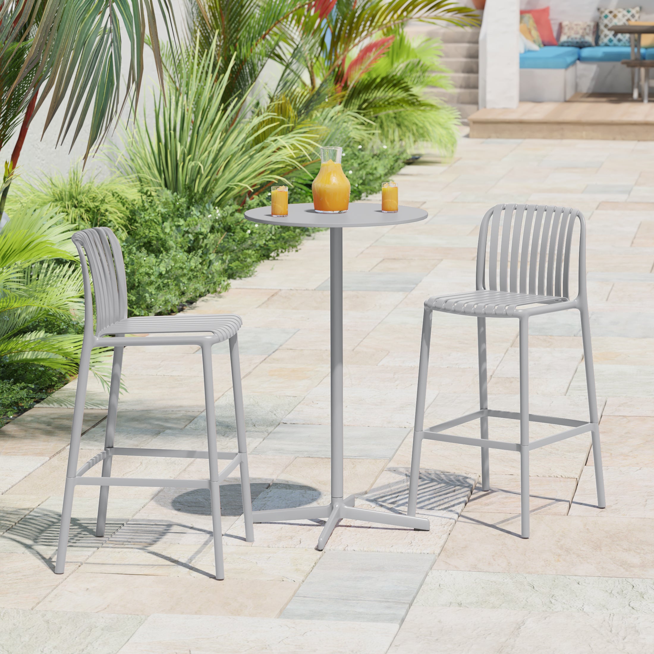 Sunshine 29.5" Outdoor Modern Polypropylene Plastic Patio Bar Height Stools (Set of 2)
