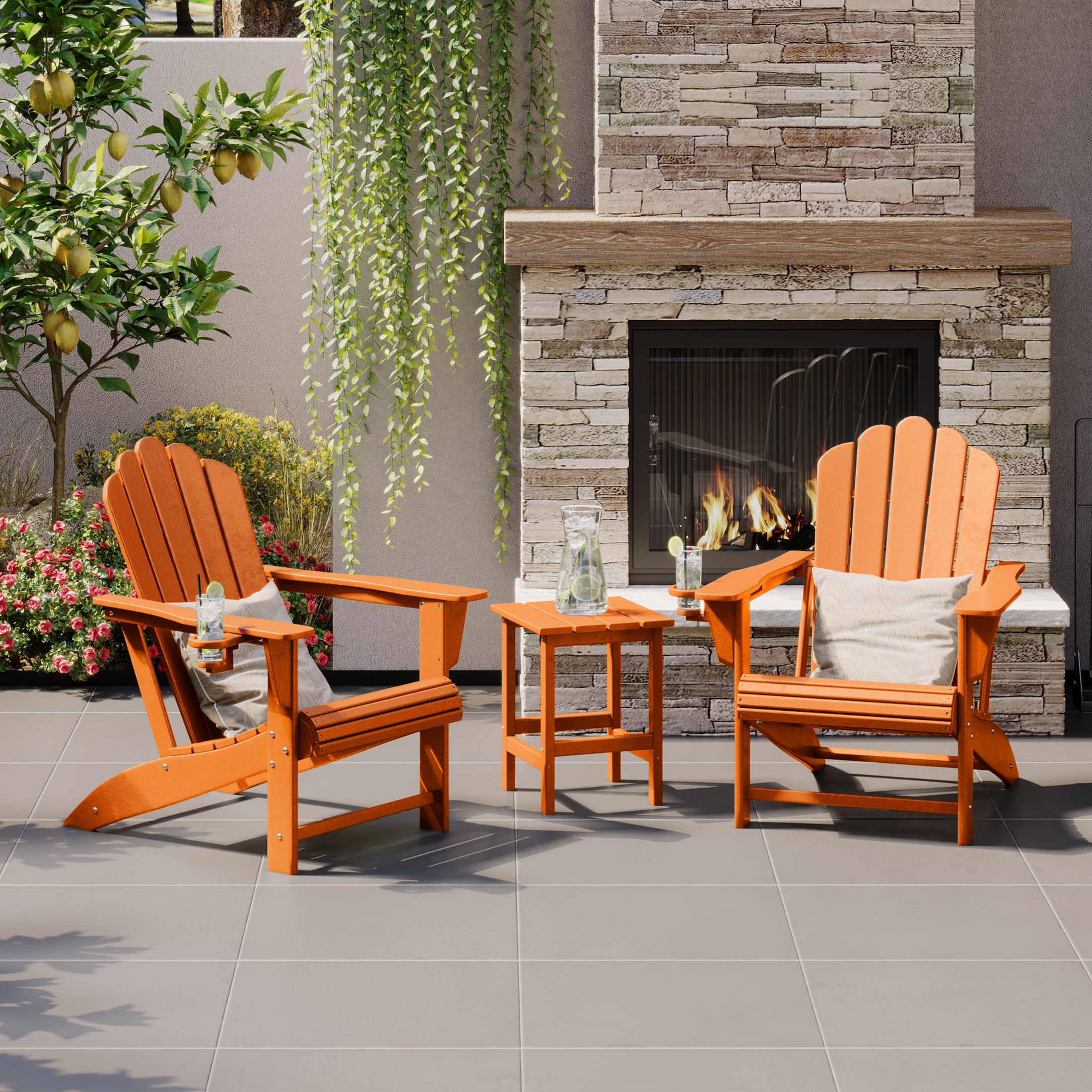 Lakeview 3-Piece Outdoor Patio HDPE Adirondack Chair With Cup Holder a