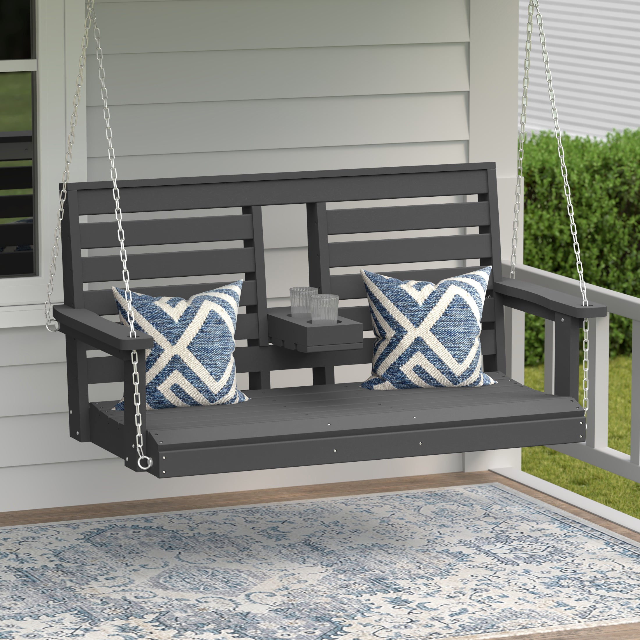 Charleston Outdoor HDPE 54" Front Hanging Porch Swing Bench With Cupholders