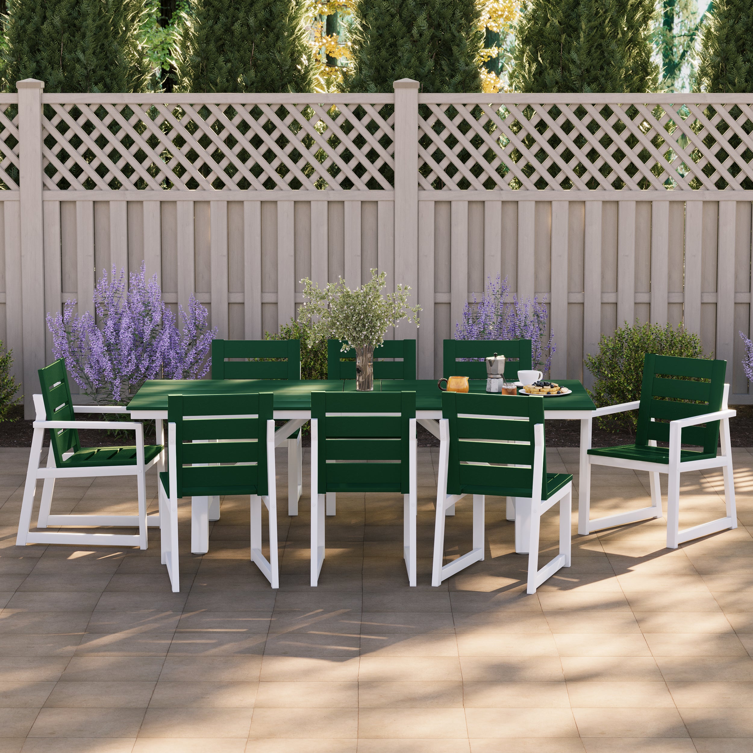 Stinson 9-Piece HDPE Outdoor Furniture Patio Dining Table With Umbrella Hole and Chairs Set For 8