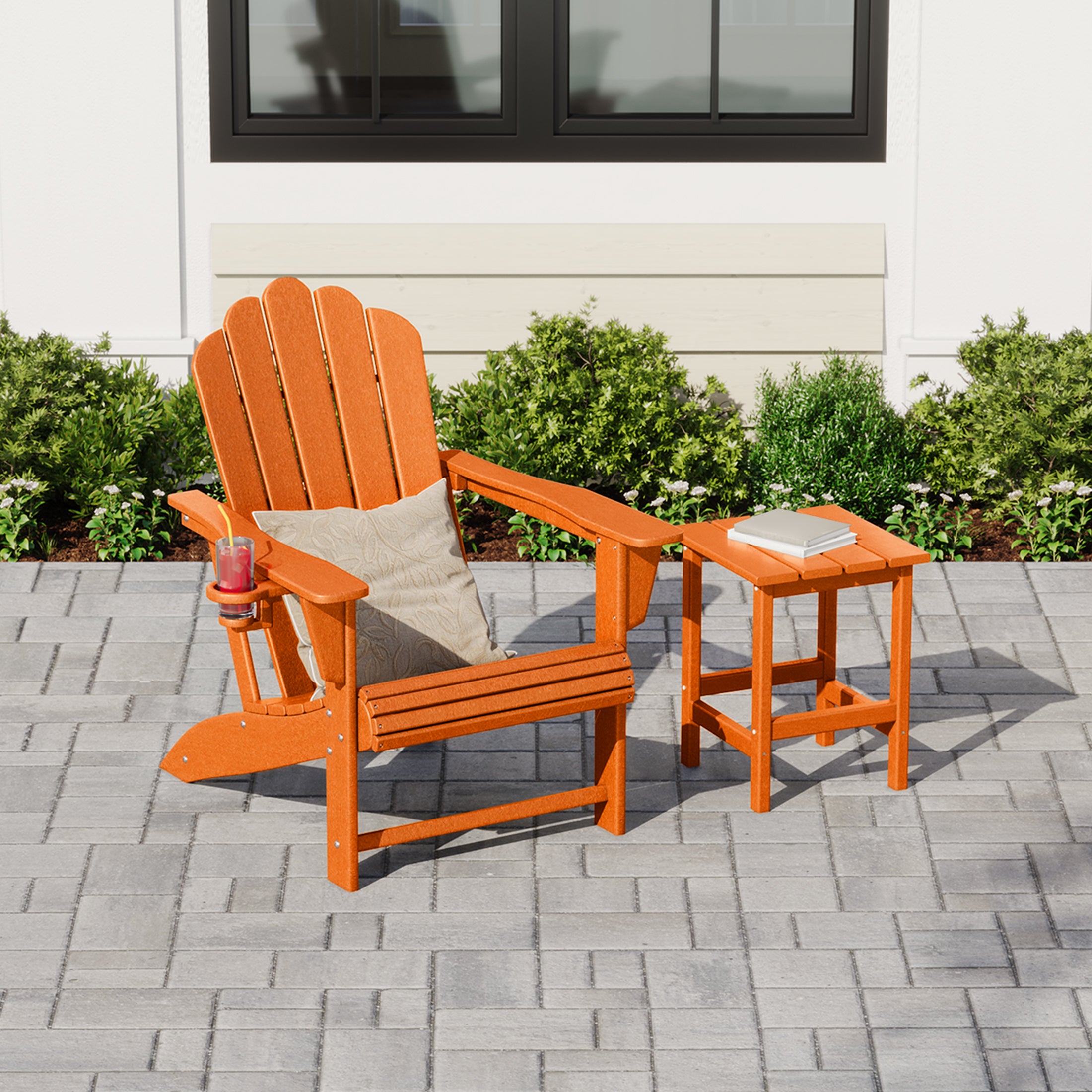 Lakeview Outdoor Patio HDPE Adirondack Chair With Cup Holder and Table Set