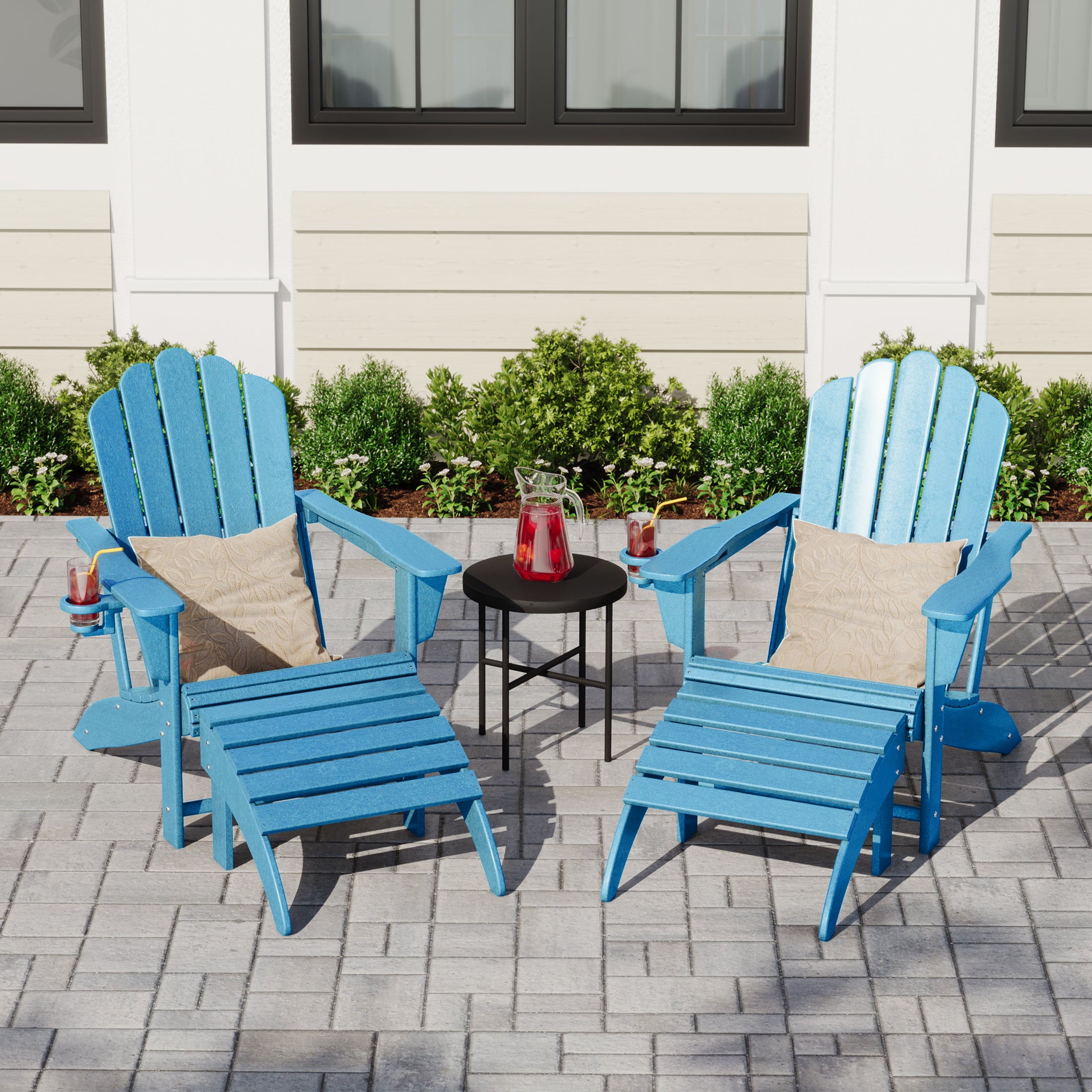 Lakeview 4-Piece Outdoor Patio HDPE Adirondack Chairs With Ottomans and Cup Holder Set