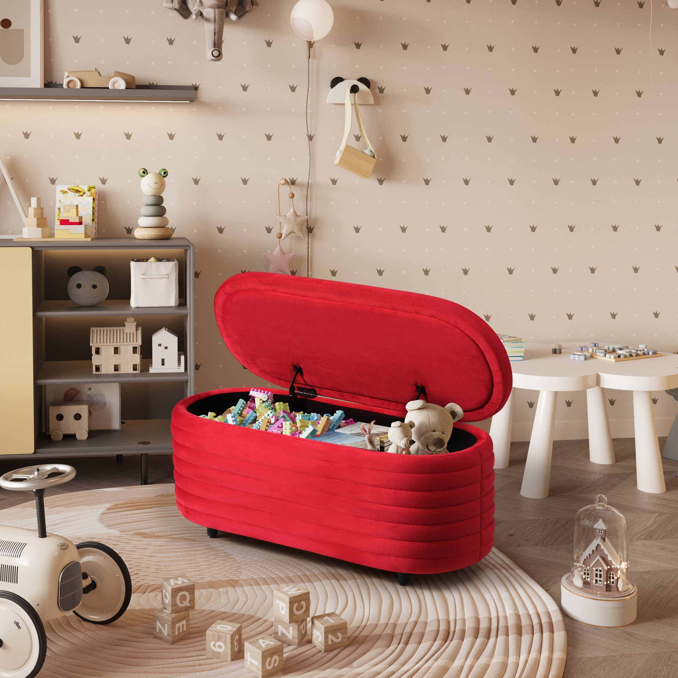 Alaia 42" Wide Mid-Century Modern Upholstered Velvet Tufted Oval Storage Ottoman Bench