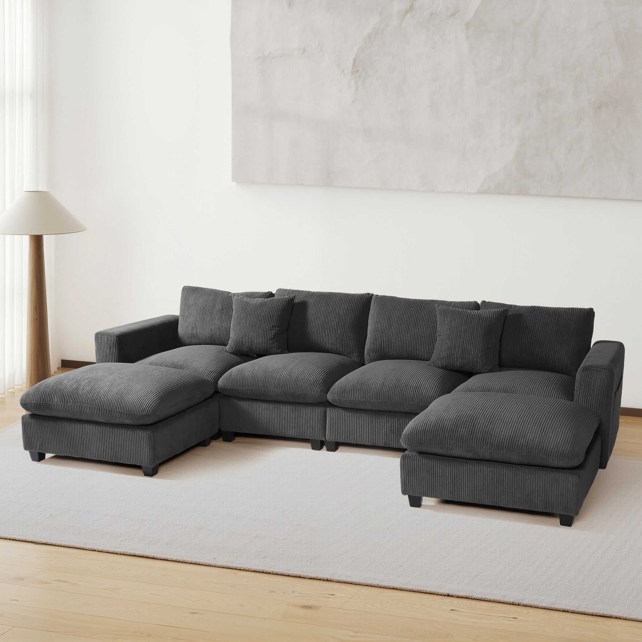 Ava 128" Corduroy Modular U-Shaped Sectional Couch and Chaise With USB/Type-C Ports and Side Pockets