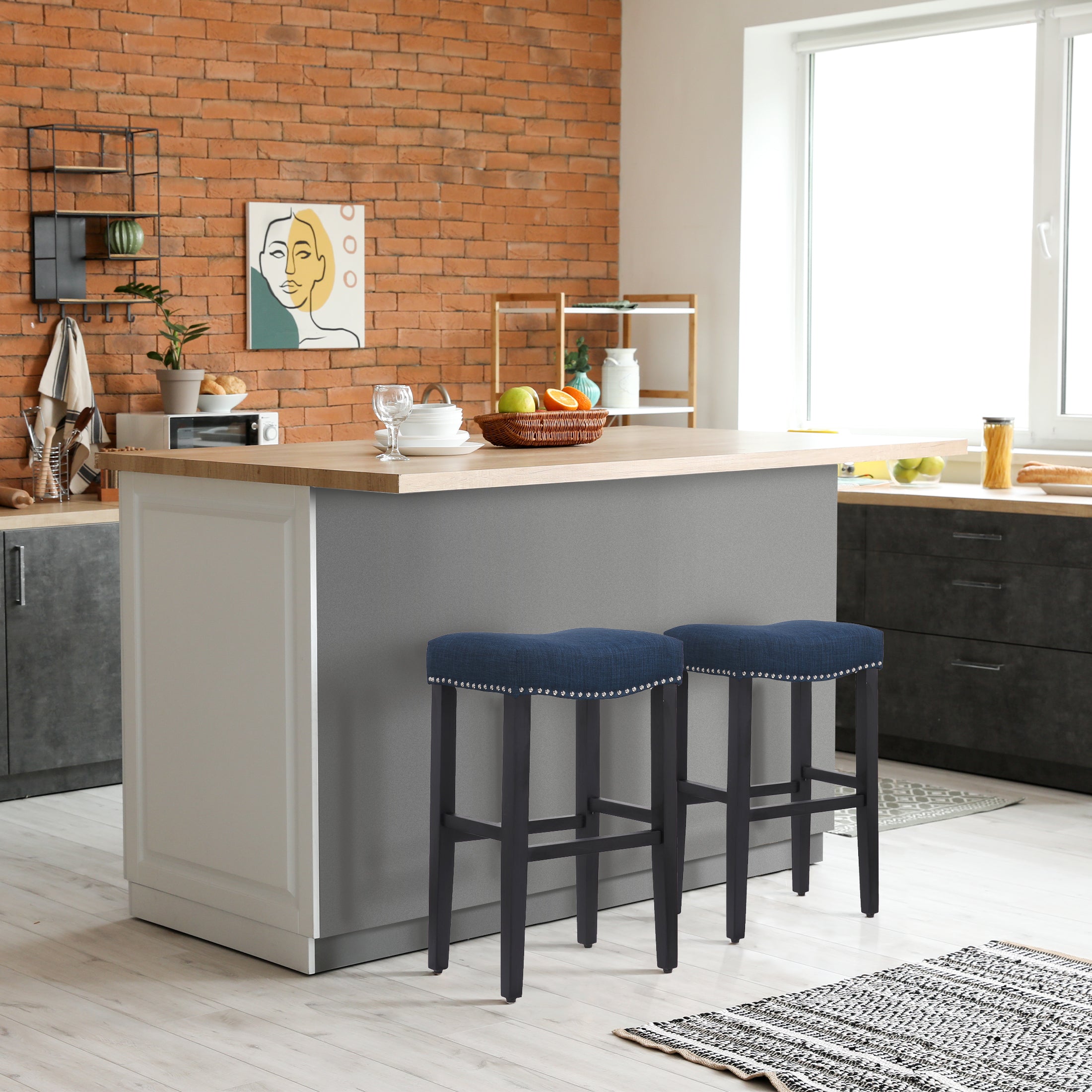 Bulmon 29" upholstered nail head bar counter stools with Black color legs (2 piece set)