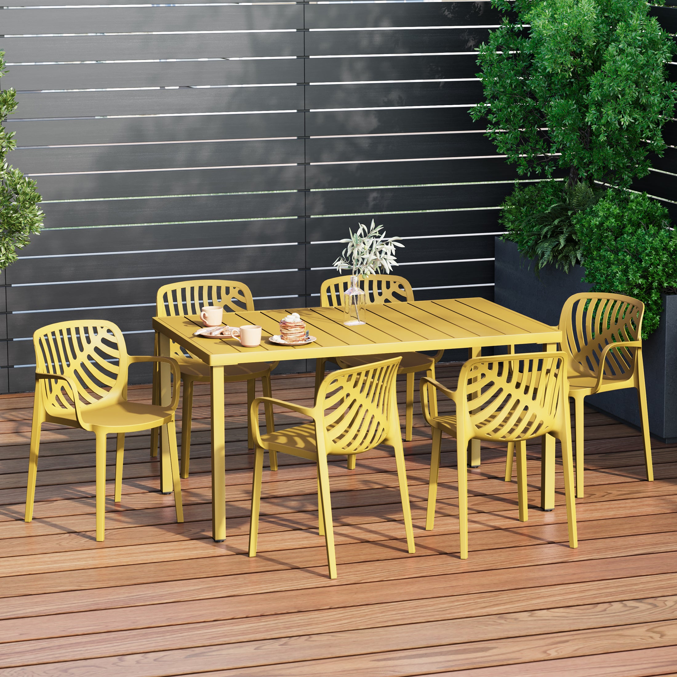 Sunshine 7-Piece Outdoor Metal Rectangle Patio Dining Table Set With Stackable Resin Patio Dining Chairs